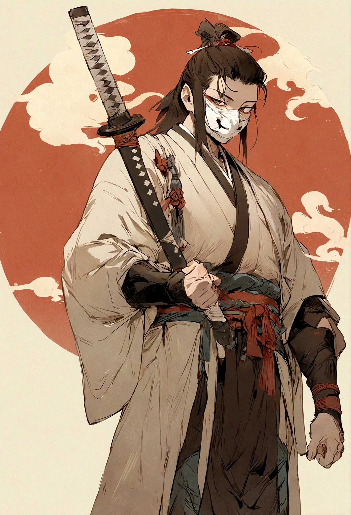 Samurai, mit einer Tengu-Maske, He holds the sword on his right arm, high res, masterpiece, illustration, chinsese traditional style