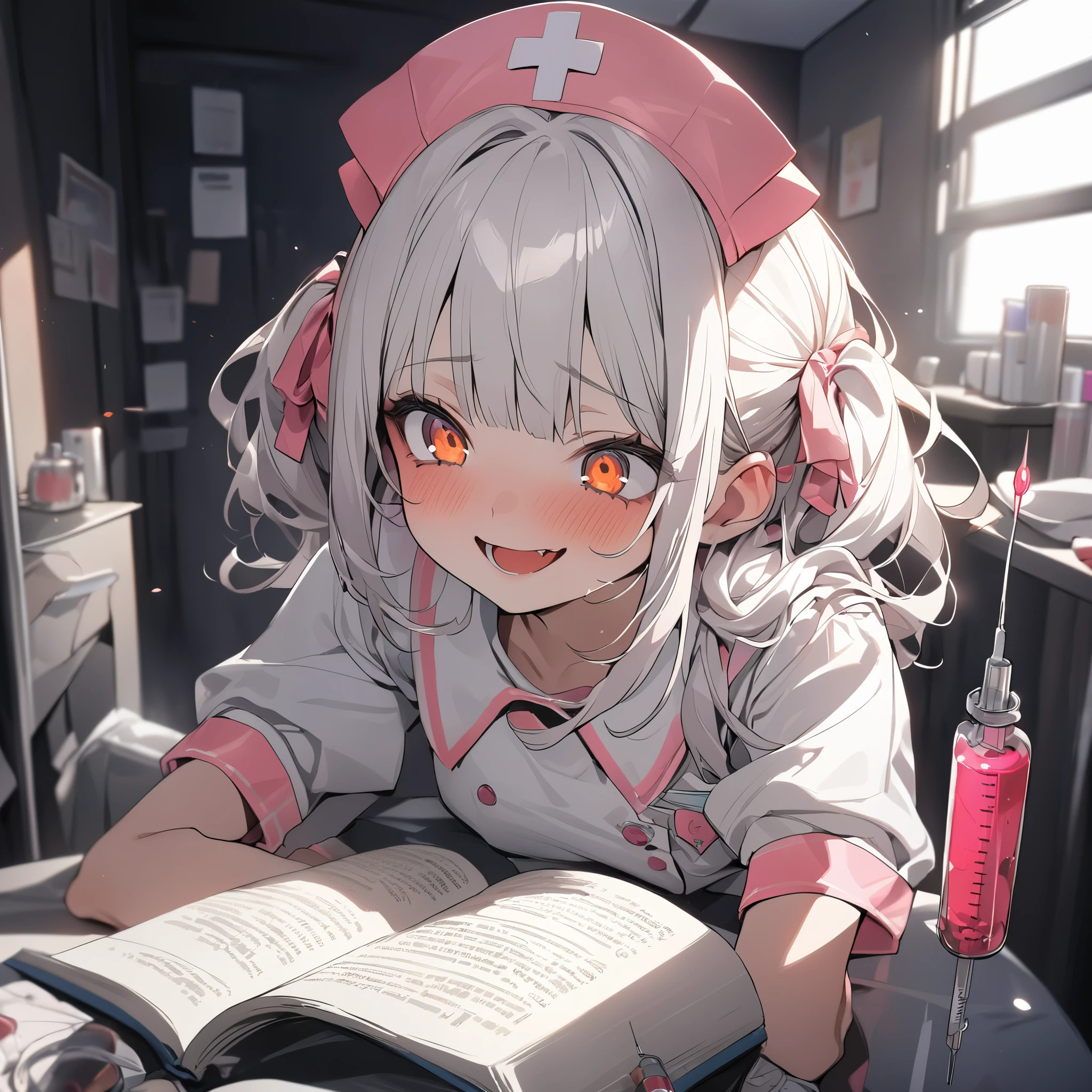 ((Masterpiece)), ((best quality)), (Anime:1.4), (super detail:1.2), (High Definition:1.3), (Professional Photography:1.3), (wide shot), (sharp focus), (perfect light), ((12 years old)), 1 girl, solo, bandage, cross bandage, ((reading book)), white hair, orange eyes, round eyes, crazy smile, shy, nurse cap, (nurse uniform), cross decoration, nurse, tsundere face, syringe, medicine, white, kawaii, cute colors,cute,❤️🖤💗💔, 8K, ((jirai fashion)), in the general hospital,