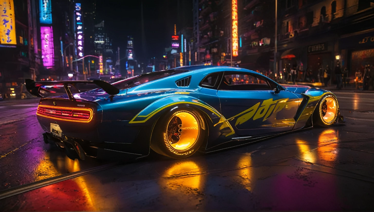 "A hyper-detailed, photorealistic scene of heavily tuned 1car First plan inspired by NFS and Fast & Furious, set in a bustling urban environment at night. The cars, with their sleek, aerodynamic designs, boast vibrant paint jobs, intricate decals, and powerful spoilers. Neon underglow lights illuminate the pavement, casting a vivid array of colors. The scene captures the essence of high-octane street racing, with each car's custom rims, low-profile tires, and roaring exhausts adding to the adrenaline-fueled atmosphere. The background features a cityscape with towering skyscrapers, neon signs, and bustling nightlife.
The dynamic lighting and shadows highlight the cars' polished exteriors, while the cool, crisp air of a spring night enhances the overall ambiance. The composition exudes energy and excitement, inviting viewers to immerse themselves in the world of high-speed, street racing"