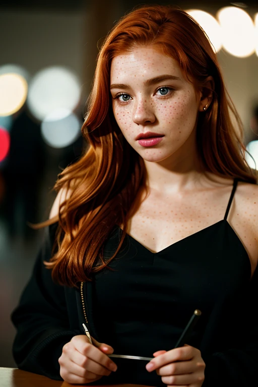 cinematic photo (art by Mathias Goeritz:0.9) , photograph, Lush Girlfriend, Tax collector, Rich ginger hair, Winter, tilt shift, Horror, specular lighting, film grain, Samsung Galaxy, F/5, (cinematic still:1.2), freckles . 35mm photograph, film, bokeh, professional, 4k, highly detailed
