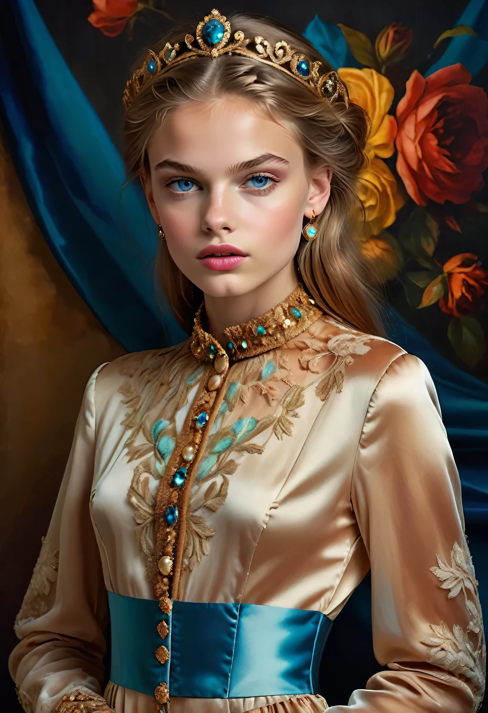A stunningly lifelike portrait captures a 16-year-old fashion model girl with beautiful European features. She is adorned in a high-end fashion outfit, set against a dramatic background. The image, whether a painting or photograph, exudes cinematic colors and a photographic style. Every detail of her appearance is meticulously executed, showcasing her elegance and allure. The overall composition is a true masterpiece, elevating the beauty and sophistication of the subject.