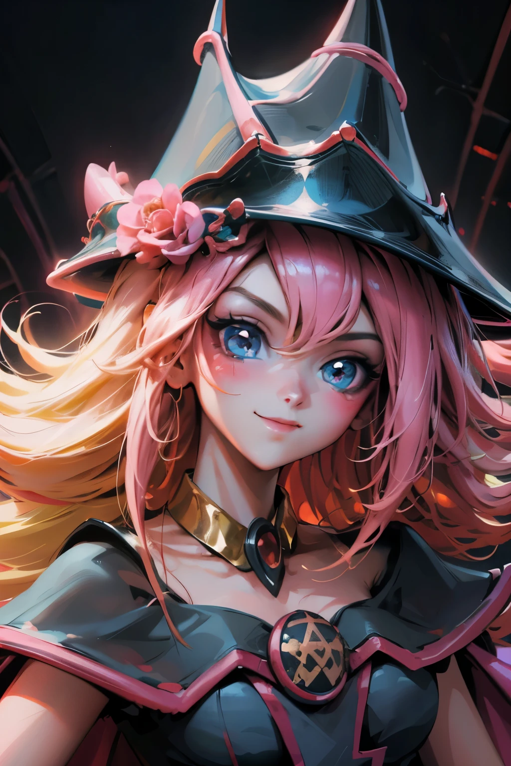 Hermoso rostro de dark magician gils, ojos azules. Labios rosados. Cabello rubio y largo. Ombros descubiertos, sonrisa angelical, hermoso rostro bien detallados de dark magician gils.