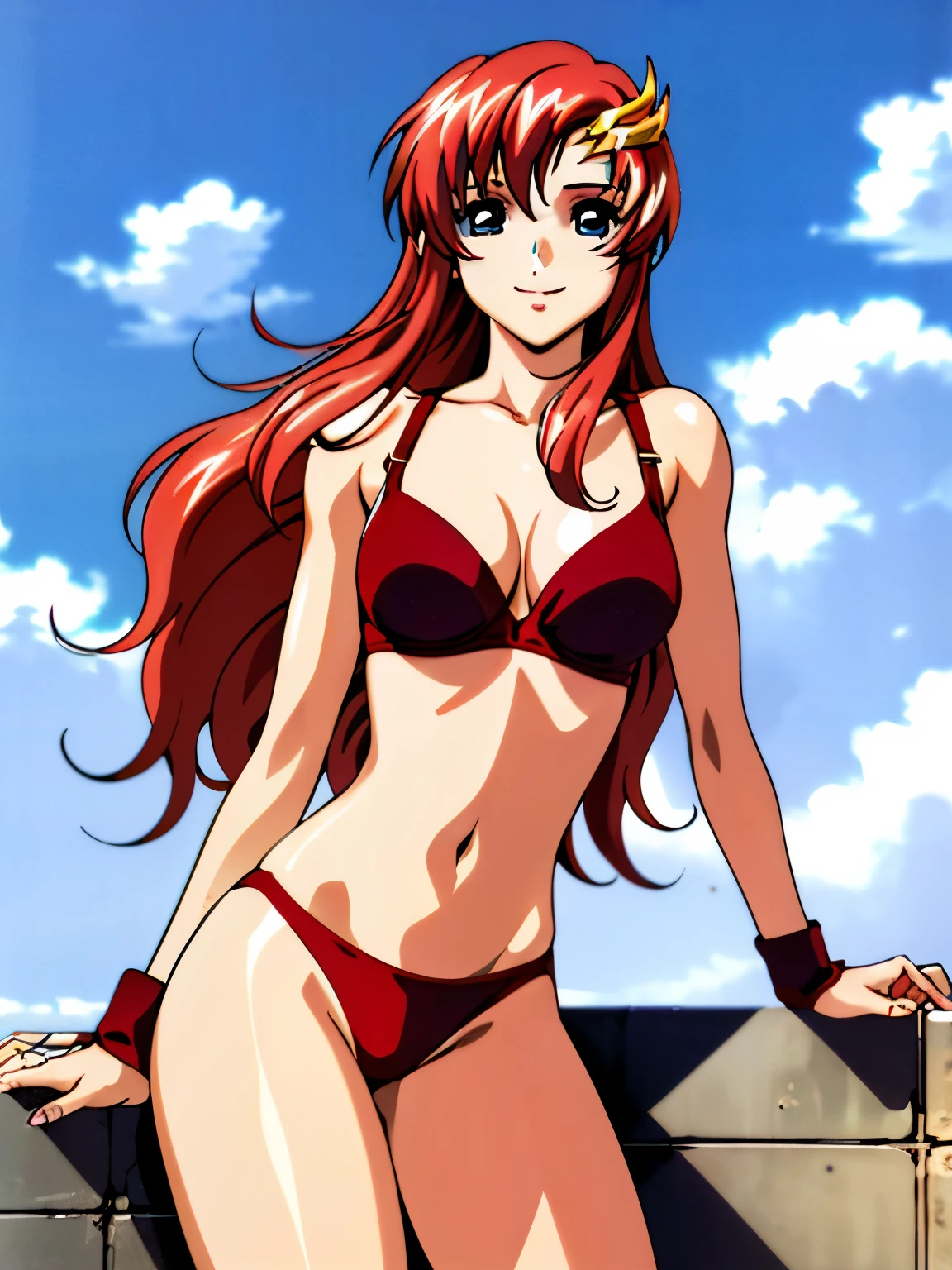 lacus4, (red bikini, running, string thong, thin girl, masterpiece, cowboy shot, very slim shoulders, 4K, Best Quality, Anime style: 1.9, happy, Adult Woman, (ultra detailed head), (Crowd, cloud background), Drawing lines, high resolution, lacus4), 1girl, Solo, curvy figure, clavicle, scapular, (Detailed wide hair bangs, Hair Ornament, Detailed reddish-pink hair, shiny streaks, slim arms, detailed golden crest), cleavage, large hands, (hair cover shoulders). (Big blue eyes, shiny eyes), ((female wrestler, (slim body), slim arms, SITTING on wall , thighs)), ((perfect proportions, medium-small breasts, medium thighs, long belly)), ((totally strapless red bra, red arm band, red arm band)), smile with a wink, (standing, hot colors), detailed fingers, (bare shoulders)