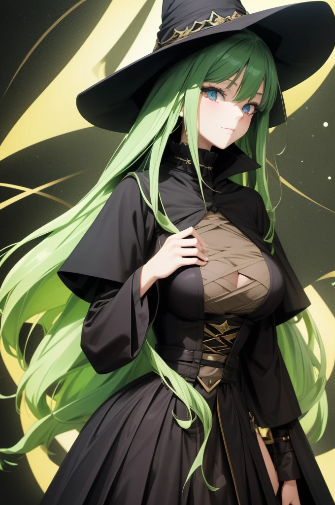 a close up of a person wearing a hat and dress, flirty anime witch casting magic, gothic maiden anime girl, anime girl with long hair, fashionable dark witch, in a cloak with long hairs, anime girl wearing a black dress, dark witch character, witch academia, with a green cloak, witch girl, classical witch, green hair, haloween, backgraund night alley, older, age 24