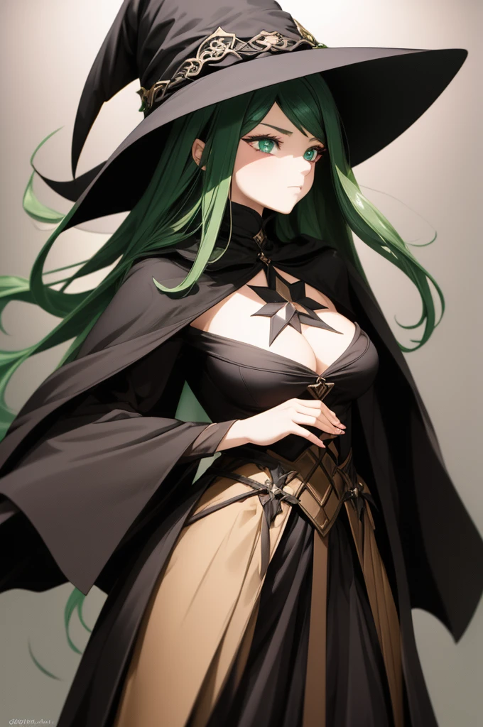a close up of a person wearing a hat and dress, flirty anime witch casting magic, gothic maiden anime girl, anime girl with long hair, fashionable dark witch, in a cloak with long hairs, anime girl wearing a black dress, dark witch character, witch academia, with a green cloak, witch girl, classical witch, green hair, haloween, backgraund night alley, older, age 24