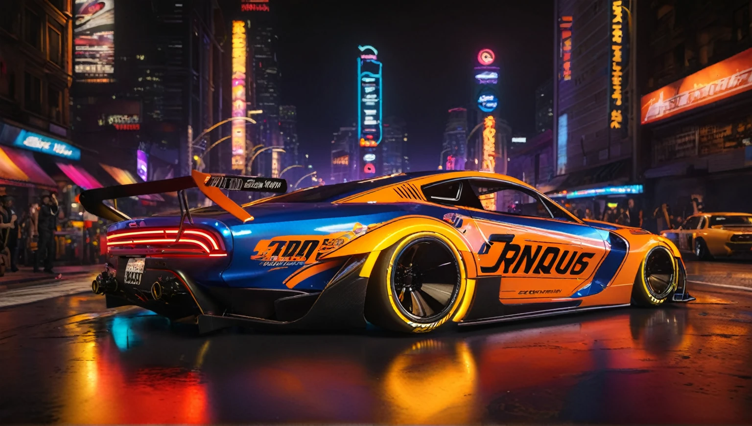 "A hyper-detailed, photorealistic scene of heavily tuned 1car First plan inspired by NFS and Fast & Furious, set in a bustling urban environment at night. The cars, with their sleek, aerodynamic designs, boast vibrant paint jobs, intricate decals, and powerful spoilers. Neon underglow lights illuminate the pavement, casting a vivid array of colors. The scene captures the essence of high-octane street racing, with each car's custom rims, low-profile tires, and roaring exhausts adding to the adrenaline-fueled atmosphere. The background features a cityscape with towering skyscrapers, neon signs, and bustling nightlife.
The dynamic lighting and shadows highlight the cars' polished exteriors, while the cool, crisp air of a spring night enhances the overall ambiance. The composition exudes energy and excitement, inviting viewers to immerse themselves in the world of high-speed, street racing"