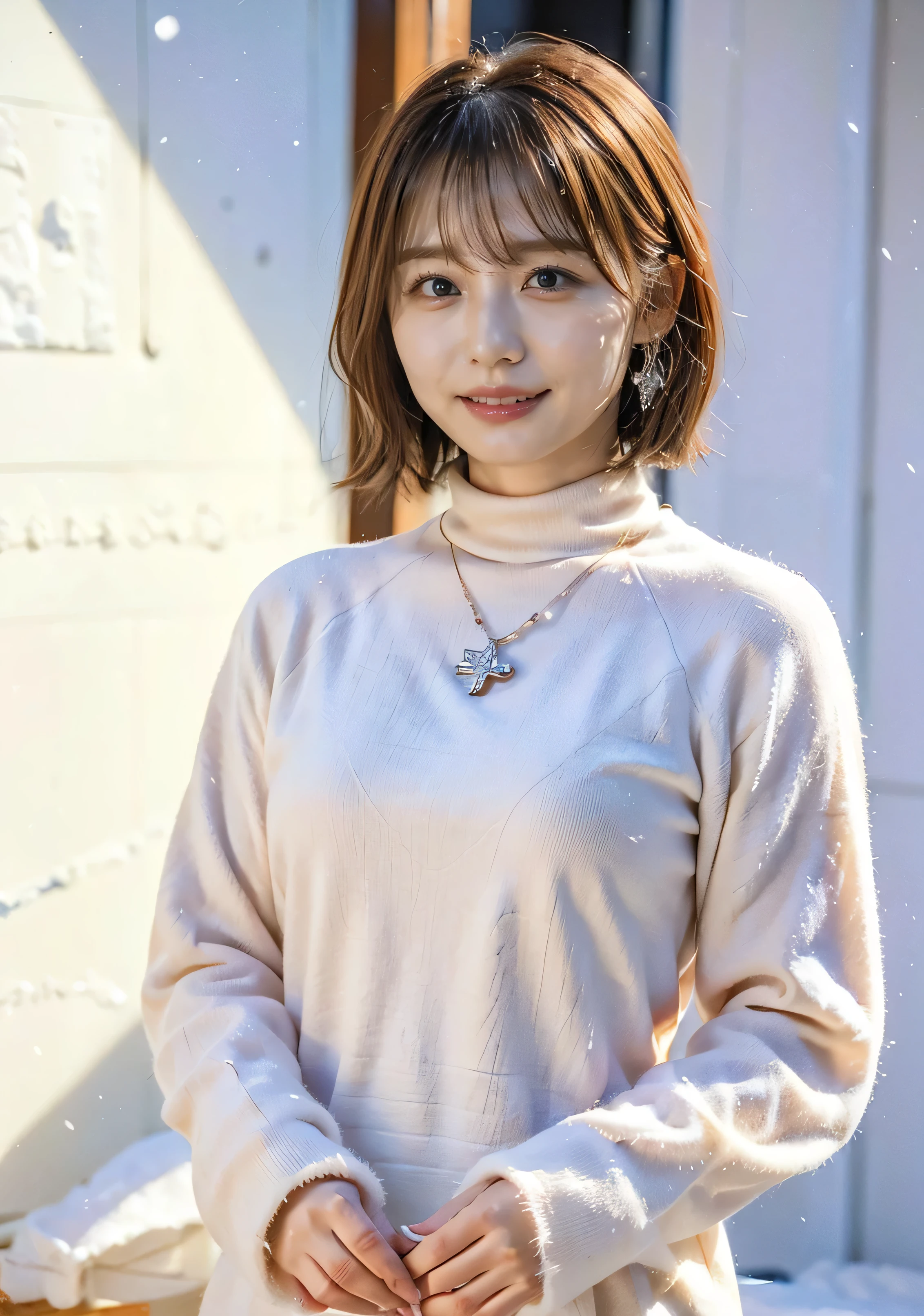 Gorgeous mink fur coat and boots、A luxurious bag、Silver necklace and small silver earringillionaire Style:1.4））、Full body photo、smile、 Caustics、Highly detailed photos、Very beautiful woman 、Ample breasts、No makeup、(8k、RAW Photos、highest quality、masterpiece:1.2)、(Realistic、Realistic)、1 girl、((Medium Short Hair、Midwinter、Cold region Snow is falling、The wind is blowing、Fluttering Hair、Background Bokashi、Colorful illumination、Looking into the camera:1.4))、
