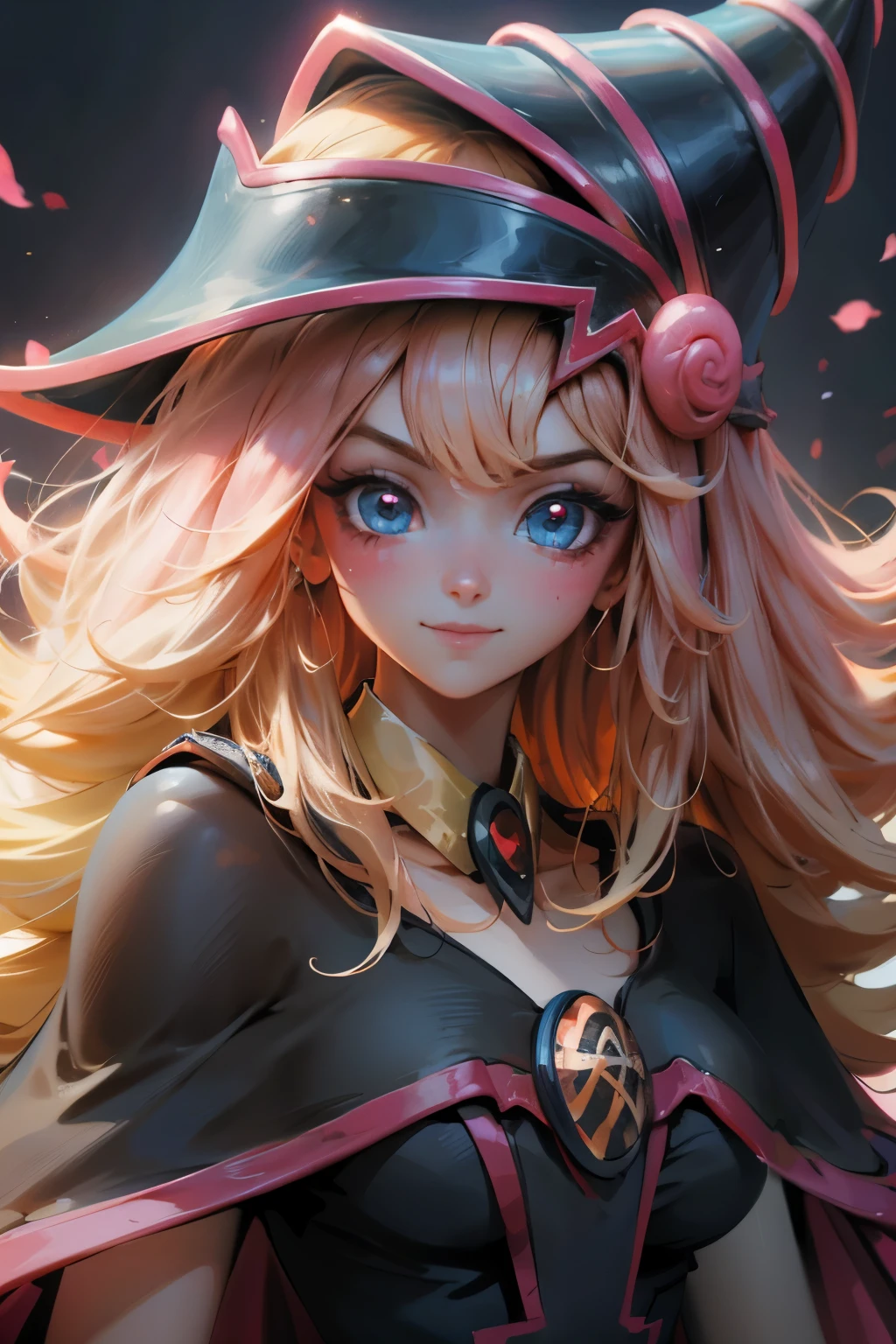 Hermoso rostro de dark magician gils, ojos azules. Labios rosados. Cabello rubio y largo. Ombros descubiertos, sonrisa angelical, hermoso rostro bien detallados de dark magician gils.
