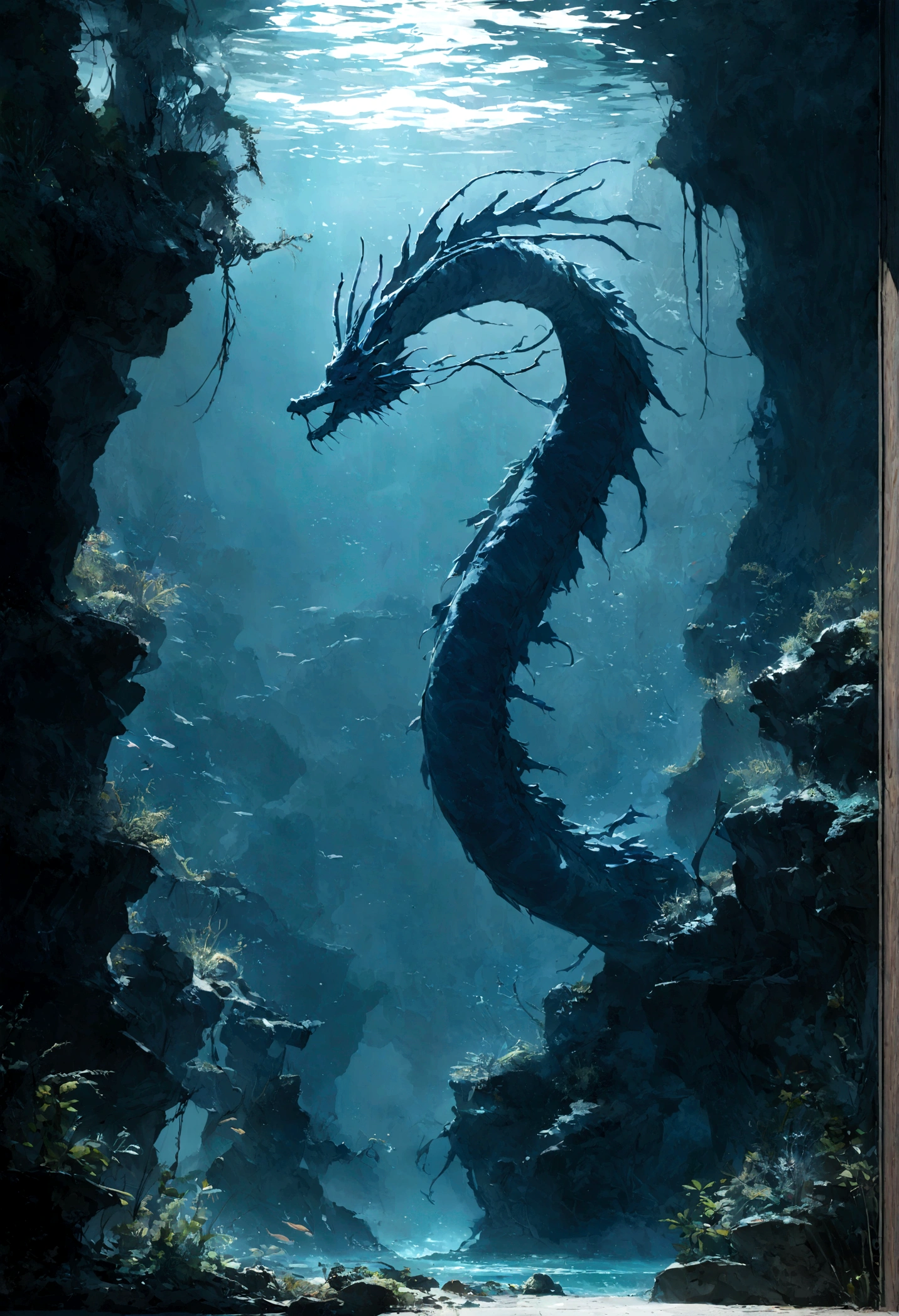 Large sea dragon, wingless, with a long fish tail, navy blue color, with algae around the body, side view, oceanic environment