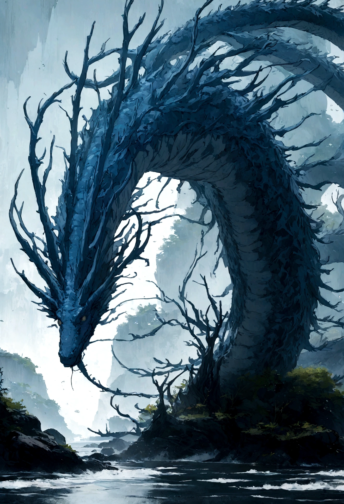 Large sea dragon, wingless, with a long fish tail, navy blue color, with algae around the body, side view, oceanic environment