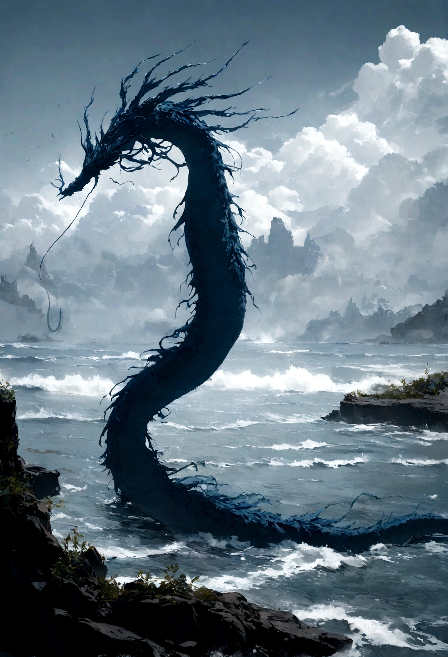 Large sea dragon, wingless, with a long fish tail, navy blue color, with algae around the body, side view, oceanic environment