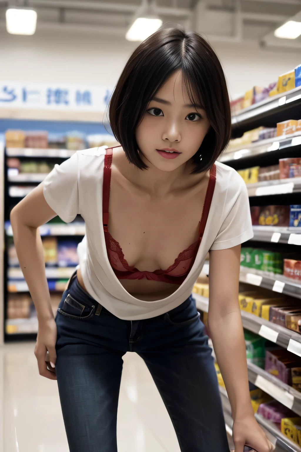 masterpiece, best quality, ultra quality, high quality, realistic, photo realistic,,natural lighting,(cinematic lighting:1.4),RAW photo, hyper detailed, intricate detailed, perfect anatomy, Fujifilm XT3, BREAK 1girl,Japanese,(slender abs:1.3),large hip,(camel toe:1.2),(Black very short bobcut hair over one eye:1.2), (leaning forward:1.4),(smile),(blushing:1.3),teary eyes,(denim pants), BREAK (downblouse:1.3),(wearing sexy red bra under loose white t-shirt:1.5),(breast focus), (looking at the floor, looking to the side, looking at another:1.4),(glasses),(pale color large Areola), BREAK (in super market:1.5),(indoor),(shopping cart),( stacking supermarket shelves), (mideum shot), ,from front, standing,