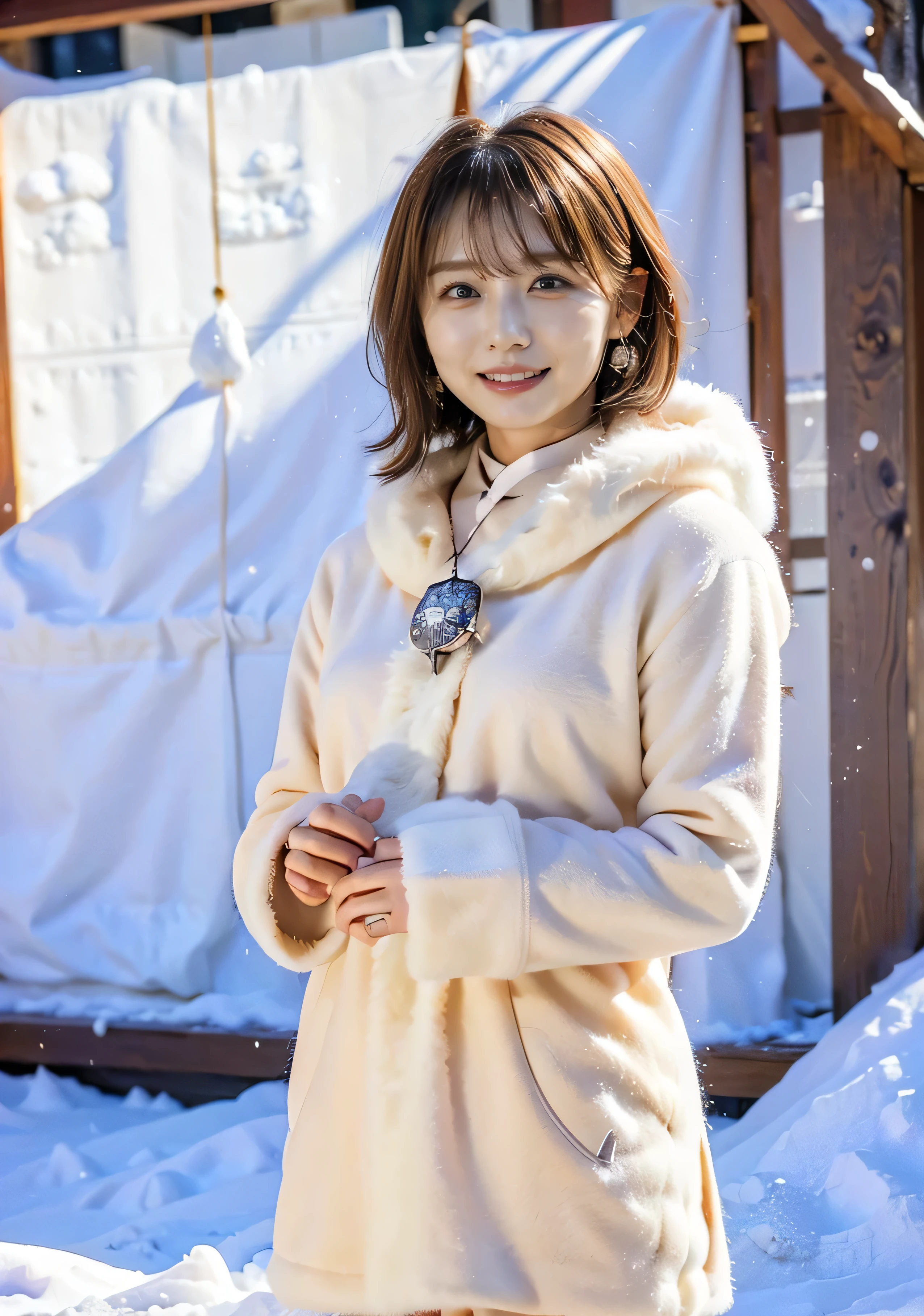 Gorgeous mink fur coat and boots、A luxurious bag、Silver necklace and small silver earringillionaire Style:1.4))、Full body photo、smile、 Caustics、Highly detailed photos、Very beautiful woman 、Ample breasts、No makeup、(8k、RAW Photos、highest quality、masterpiece:1.2)、(Realistic、Realistic)、1 girl、((Medium Short Hair、Midwinter、Cold region Snow is falling、The wind is blowing、Fluttering Hair、Background Bokashi、Colorful illumination、Looking into the camera:1.4))、