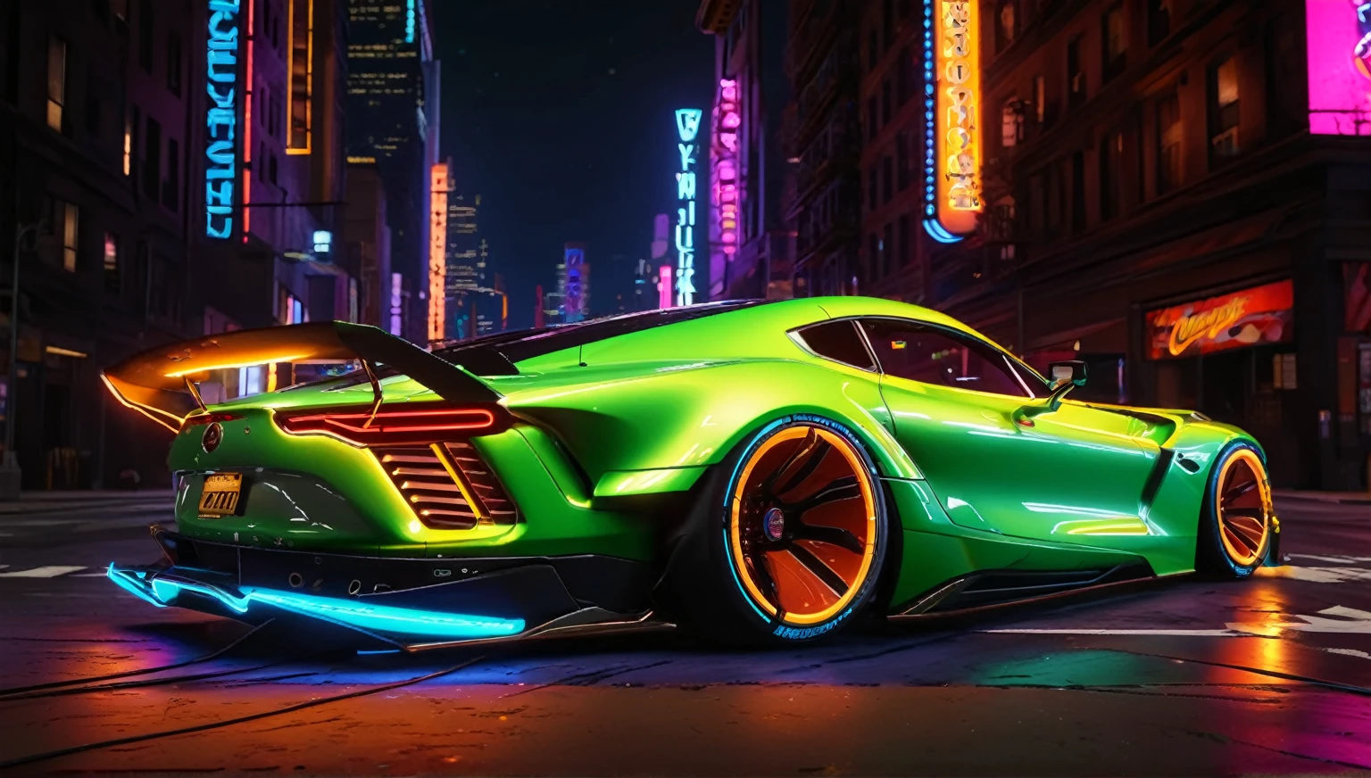 1highly detailed photorealistic sports car, neon underglow, urban city night scene, sleek aerodynamic design, vibrant paint, intricate decals, powerful spoilers, custom rims, low profile tires, roaring exhaust, towering skyscrapers, neon signs, dynamic lighting and shadows, cool crisp spring night air, energy and excitement, (best quality,4k,8k,highres,masterpiece:1.2),ultra-detailed,(realistic,photorealistic,photo-realistic:1.37),hdr,studio lighting,extreme detail description,professional,vivid colors,concept art,neon,dynamic