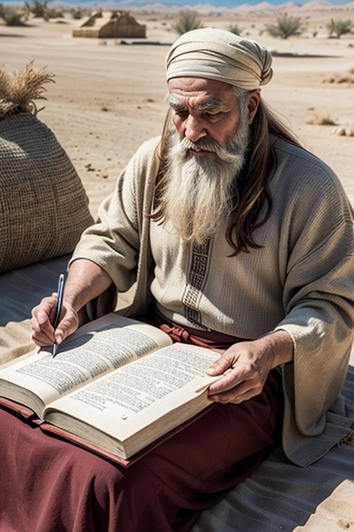 Create a realistic image of Moses from the Bible reading a Torah papyrus in the desert. Keep the details described in the number book