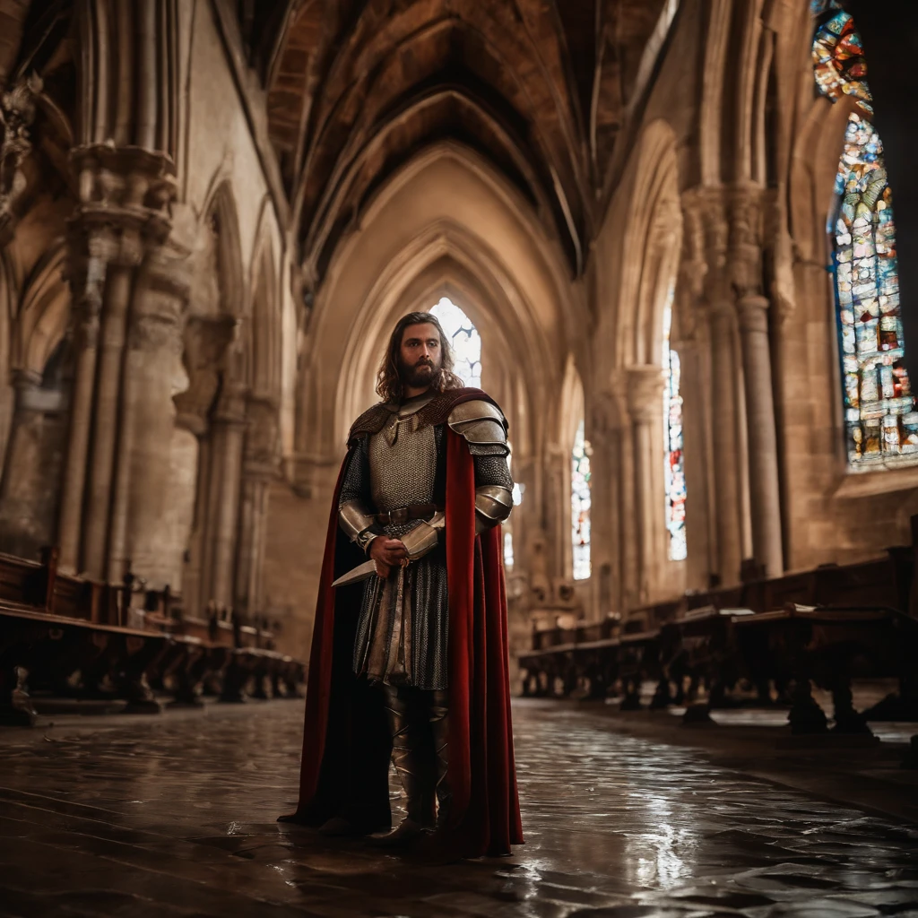 lente olho de peixe, portrait photo of a medieval knight standing inside a gothic church, pedra molhada, puddles, cofres infinitos, transmitido pelo sangue, dramatic light, sutil, luz de vela