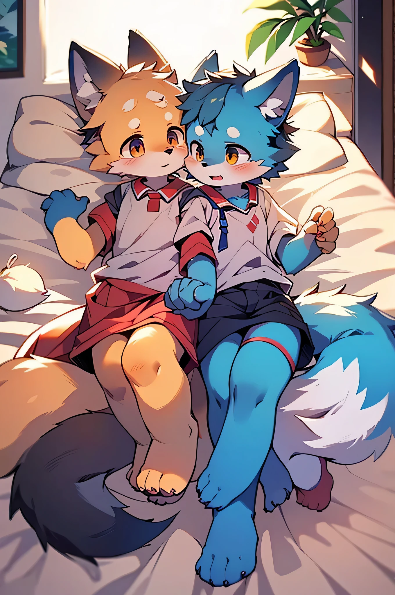 Blue fur, Canine, fox motif, Couple of girls and boys, uniform、Holding hands，They both cried in bed，