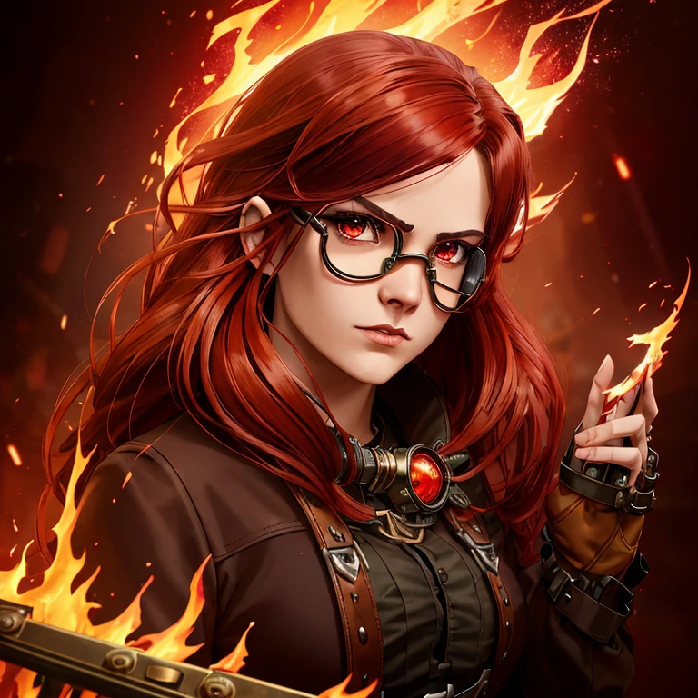 (girl with modest black and red steampunk outfit, steampunk goggles on forehead), wide shot, full body, front view, (((crimson eyes))), crimson hair, long hair, (perfect hands), gold necklace with red gem, flames surround her, wreathed in flame, global illumination, determined look at the viewer, illustrations, high-quality, ultra-detailed, vivid colors, portraits, warm color tones, soft lighting, long flowing red hair, leather corset, mechanical accessories, industrial background, intense expression, flaming red eyes, (infernal aura), standing before a roaring bonfire, passionate expression, twilight, fiery landscape, crackling flames, intense atmosphere, (crackling embers), (dancing flames), Ignia, fiery eyes, background of blazing inferno