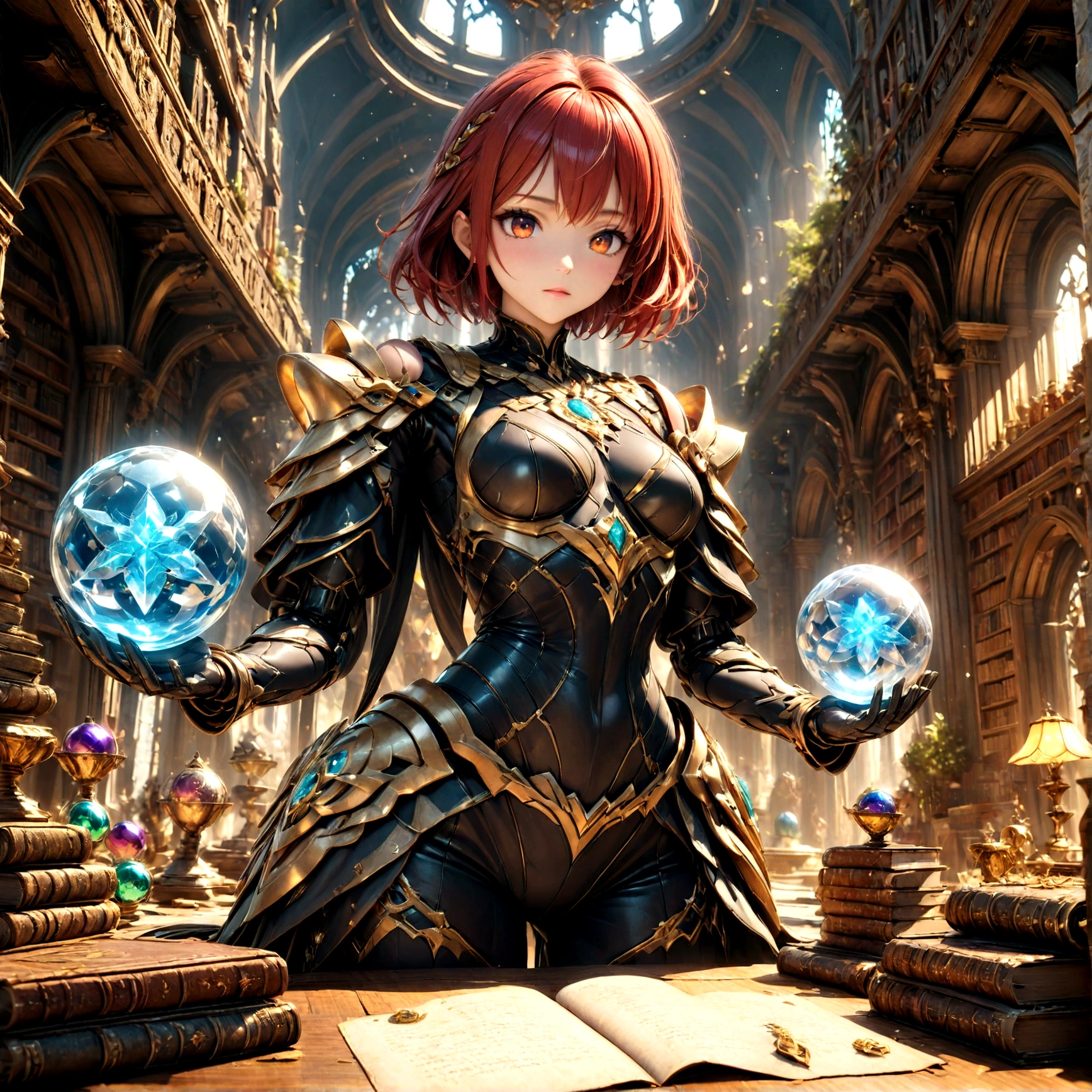 arafed, high details, best quality, 16k, [best detailed], masterpiece, best quality, (extremely detailed), a view from the rear (best details, Masterpiece, best quality), photorealistic, fantasy art, RPG art, a picture of a ((single1)) human mecha woman sorceress sittings in her magical lab, divining distant places in her crystal ball, epic beautiful mecha human woman (best details, Masterpiece, best quality), ultra detailed face (best details, Masterpiece, best quality), red hair, short hair, red eyes, dynamic dress (best details, Masterpiece, best quality), magical library, with many books, and magical runes and wards, glowing arcane sigils GlowingRunes_paleblue, crystal ball (best details, Masterpiece, best quality) on table, runes on crystal balls GlowingRunes_yellow, fantasy magical library background (best details, Masterpiece, best quality), Ultra-Wide Angle, high detail, award winning, best quality, HD, 16K, 3D rendering, high details, best quality, highres, ultra wide angle, 3D rendering, [[anatomically correct]]