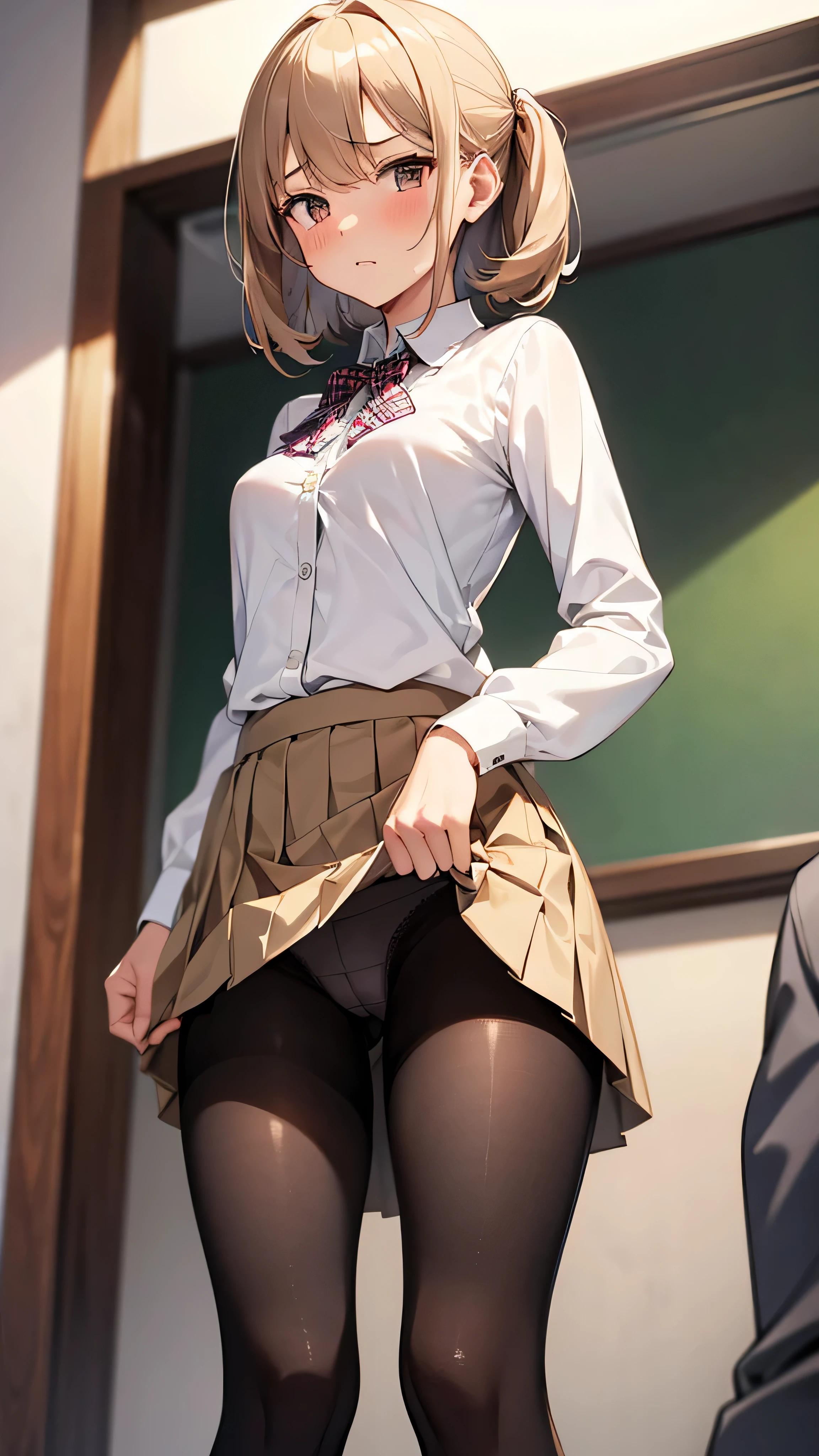 masterpiece,highest quality,1girl,White blouse,Beige cardigan,Checkered pleated skirt,Small breasts,pantyhose,Low - Angle,looking at the camera,Embarrassed expression,(Sharp Eyes),Glaring,Scornful Eyes,(empty eyes)Grit your teeth,Sweat,(Lift up your skirt yourself),(Panties through pantyhose),cameltoe focus