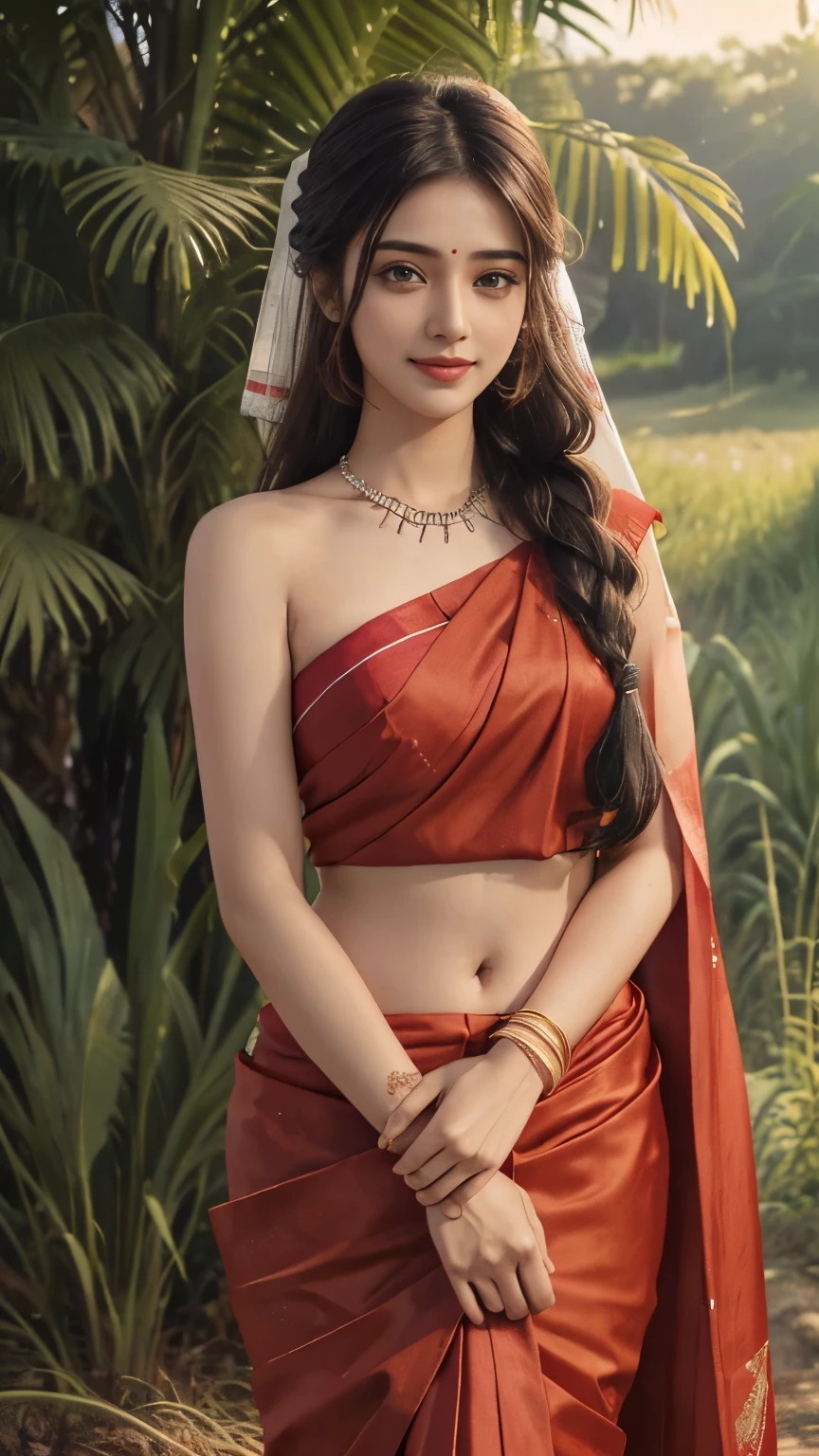Close up, 24 year old indian woman, Bridal Red silky satin saree, oily body, long dense braided hair, Corn forming Fields landscapes background, ultra realistic, realism, cute, charming, day time, tattooed body, medium height, big eyes, pure Indian style saree, ambient lighting, perfect anatomy, detailed body and face, 8K, Masterpiece, RAW photo, Best quality, Photorealistic, Extremely detailed CG Unity 8K wallpaper, Noval Showing, Most Beautiful smile, ((smile:1.2)), ((No need thighs expose)), 