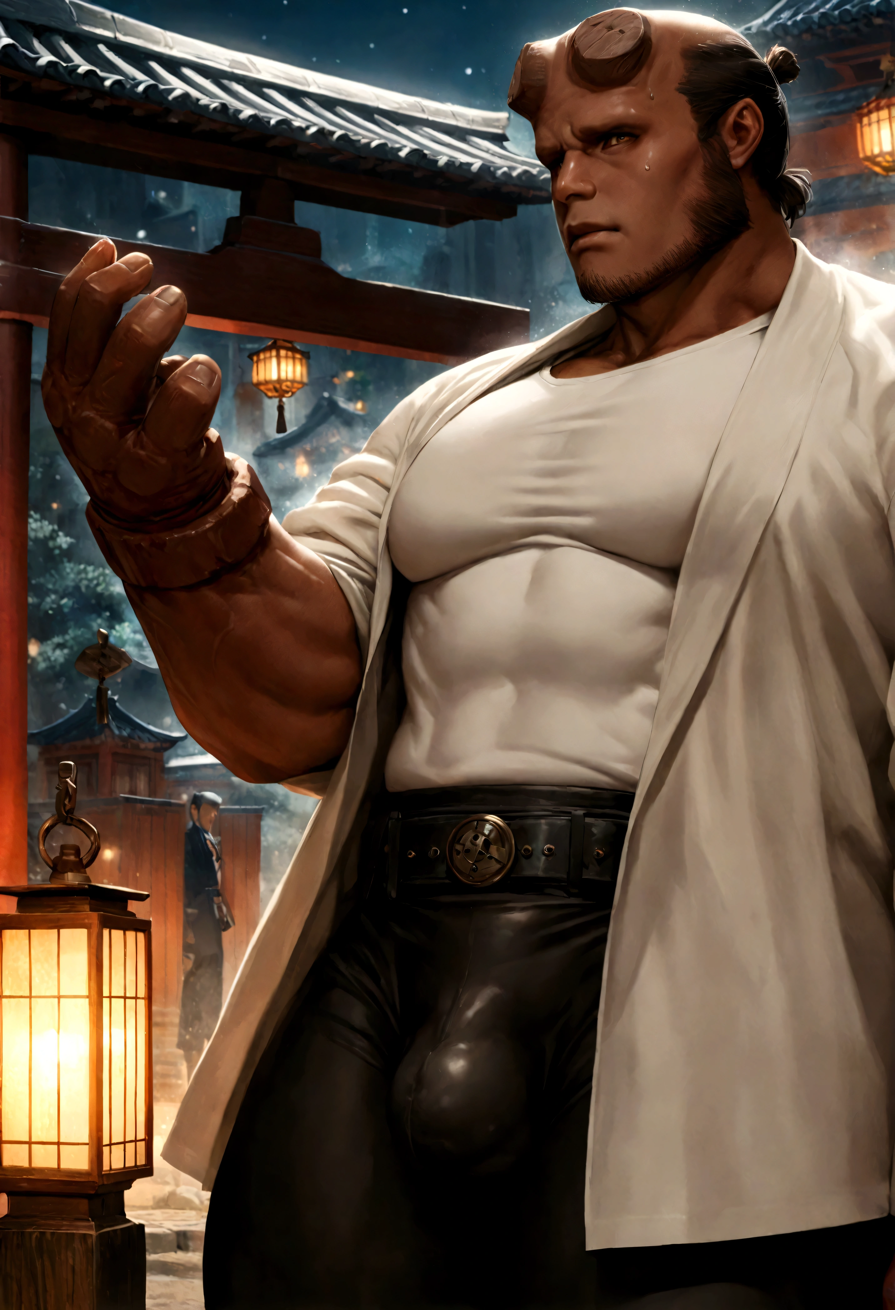 sexy mature daddy, tanned-skin, big bulge, darker skin, stubble, muscular, best quality, masterpiece, super high resolution, detailed background, realism, illustrations, single, 1 boy, torii, muscle, volumetric lighting, depth of field, facial hair, ryu, white clothes, black belt, light particles, massive bulge, starry sky, martial artist, sweating, short hair, perfect eyes, bare feet