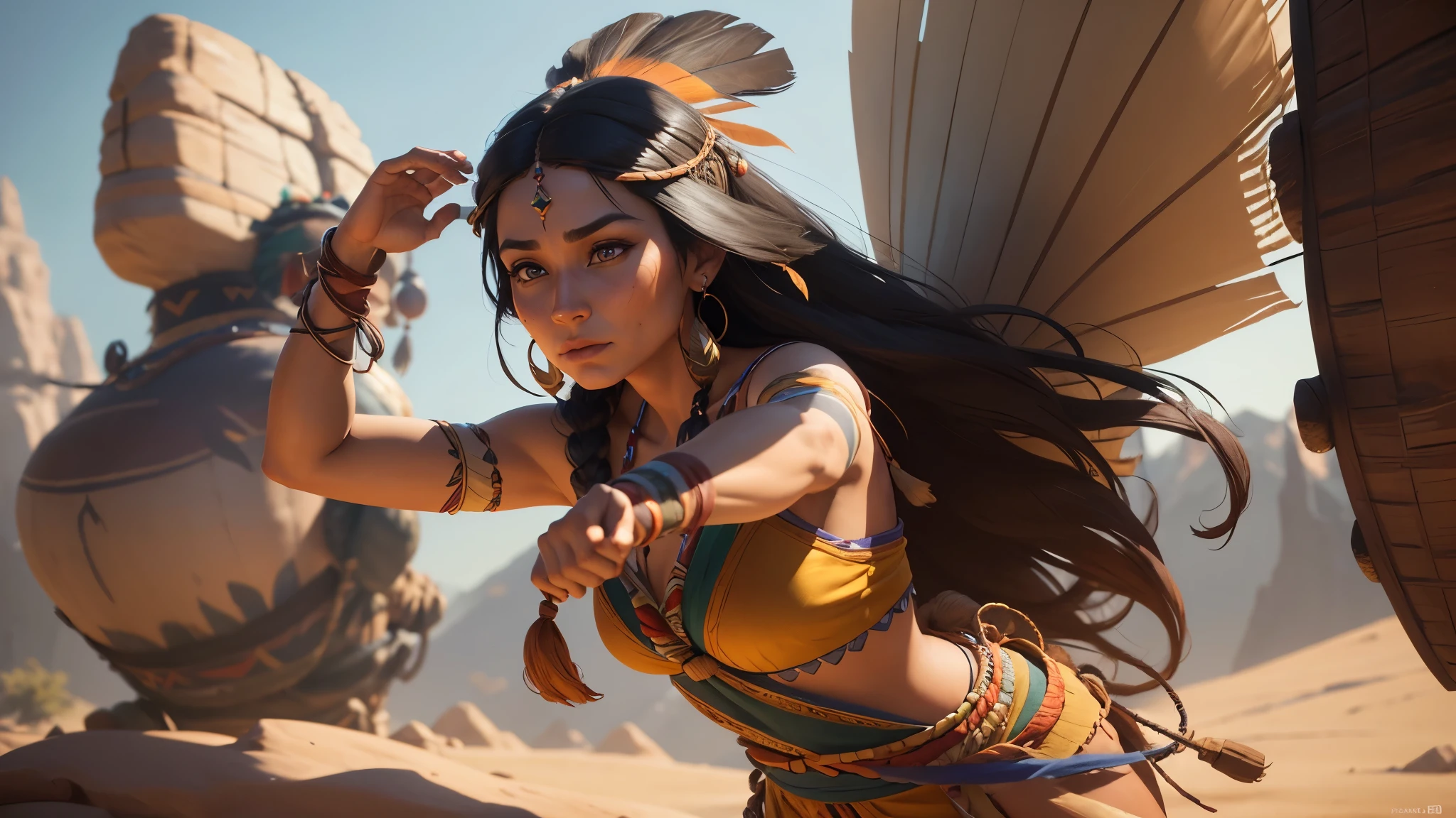 Woman, in a native dress with a feather on her head, Pocahontas, Character Modeling, character in his natural pose, 3D character art, concept art Character Modeling, character posing, realistic maya, arnold virtual rendering, animated character, virtual rendering, in the style of Disney animation, 3D character, 3D character