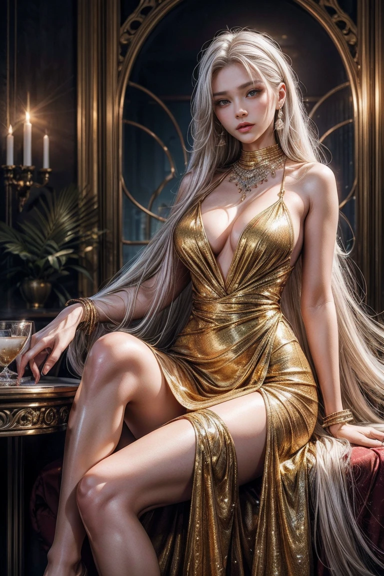 HD photos,lifelike,Ultra high resolution large files,8K high-quality wallpaper,10x pixels,CG wallpaper,Details Clearlifelike,female portrait,Super fine,Super fine details:1.1,Advanced technical details:1.1,Beautiful Sexy Woman in Dynamic Poses,A Sexy,Royal sister style,Mixed-race females,Long white and silver hair,He has long white and silver hair,Clearlifelike hair,Clear hair,Exquisite eyelash makeup,Eyes and face are very careful,beautiful fine eyes,thin eyebrows,Super fine eye-catching sexy red lips,mature face,Exquisite face makeup,Detailed facial work,, pretty face, Perfect face proportions,(Advanced facial details:1.1)perfect body shape,Perfect body proportions,Rough figure,mannequin,A series of shining liquid gold luxurious dresses,Light gold sequin dress,sequined jacket,shining,tight long skirt,Summer sexy butt-wrapped fishtail sleeveless commuting Maxi,Horse socks 100%Oil Pastel Pallet Glossy Silk Glossy 8D Black Silk Women,stilettos,Beautiful long dress,The wonderful DRESRIGHT light gold and red series,High fashion dress series,dress photography,Authentic dress items,Slim,Sexy,jewelry,necklace,ear nipple ring,bracelet,indoor background,In the banquet hall,female artwork,Dress full body video,Reality,Astonishing (Egiosar:1)(Korean Idol face)adult photography,Light gold series,Bright red satin dress,RealityPhotography,reality、clear,stylish art,dress goddess,female artwork,full body view,fantasy art,First class fine work,High level of detail engineering