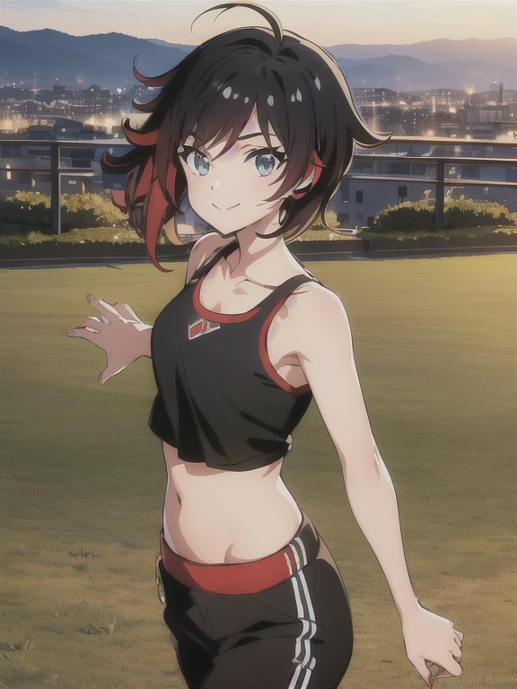 (masterpiece, best quality:1.2), cowboy shot, solo, 1girl, ruby rose, smile, looking at viewer, headphones, tank top, black track pants, cityscape scenery, jogging