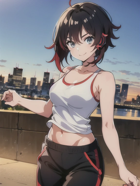 (masterpiece, best quality:1.2), cowboy shot, solo, 1girl, ruby rose, smile, looking at viewer, headphones, tank top, black track pants, cityscape scenery, jogging
