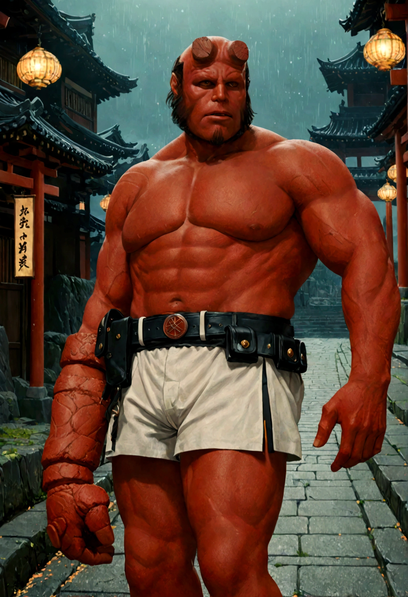 sexy mature daddy, tanned-skin, big bulge, darker skin, stubble, muscular, best quality, masterpiece, super high resolution, detailed background, realism, illustrations, single, 1 boy, torii, muscle, volumetric lighting, depth of field, facial hair, ryu, white clothes, black belt, light particles, massive bulge, starry sky, martial artist, sweating, short hair, perfect eyes, bare feet