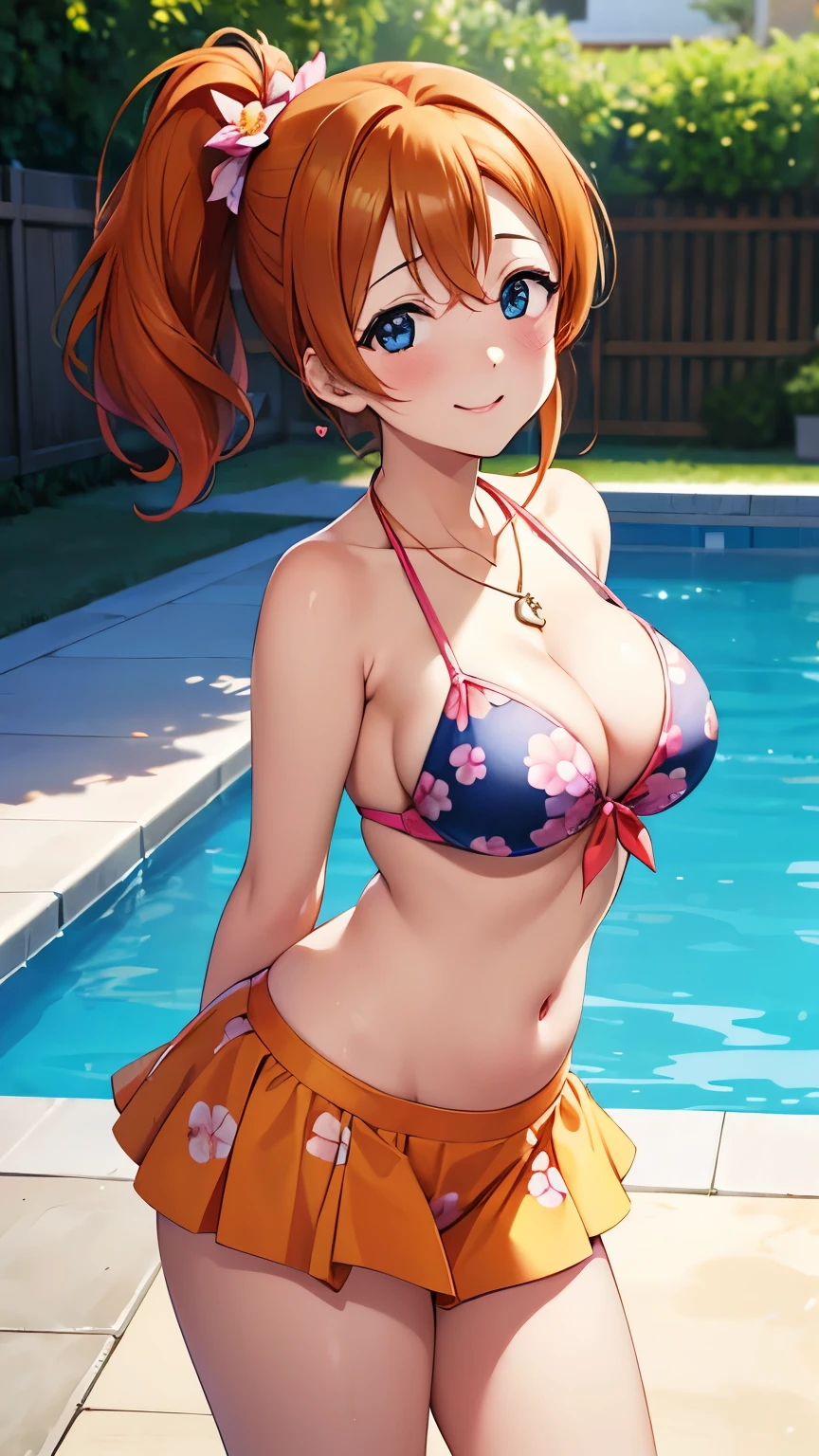 (Masterpiece, Best Quality, High Quality), kousaka honoka, orange hair, side ponytail, blue eyes, volumetric lighting, illustration, beautiful, Blushing, breasts, looking at viewer, flower print frilly bikini with microskirt, solo, curvy body, looking to the side, confident, seductive smile, (arms behind back, head tilt), heart pendant, perfect lighting, perfect shadows, pool edge, blushing