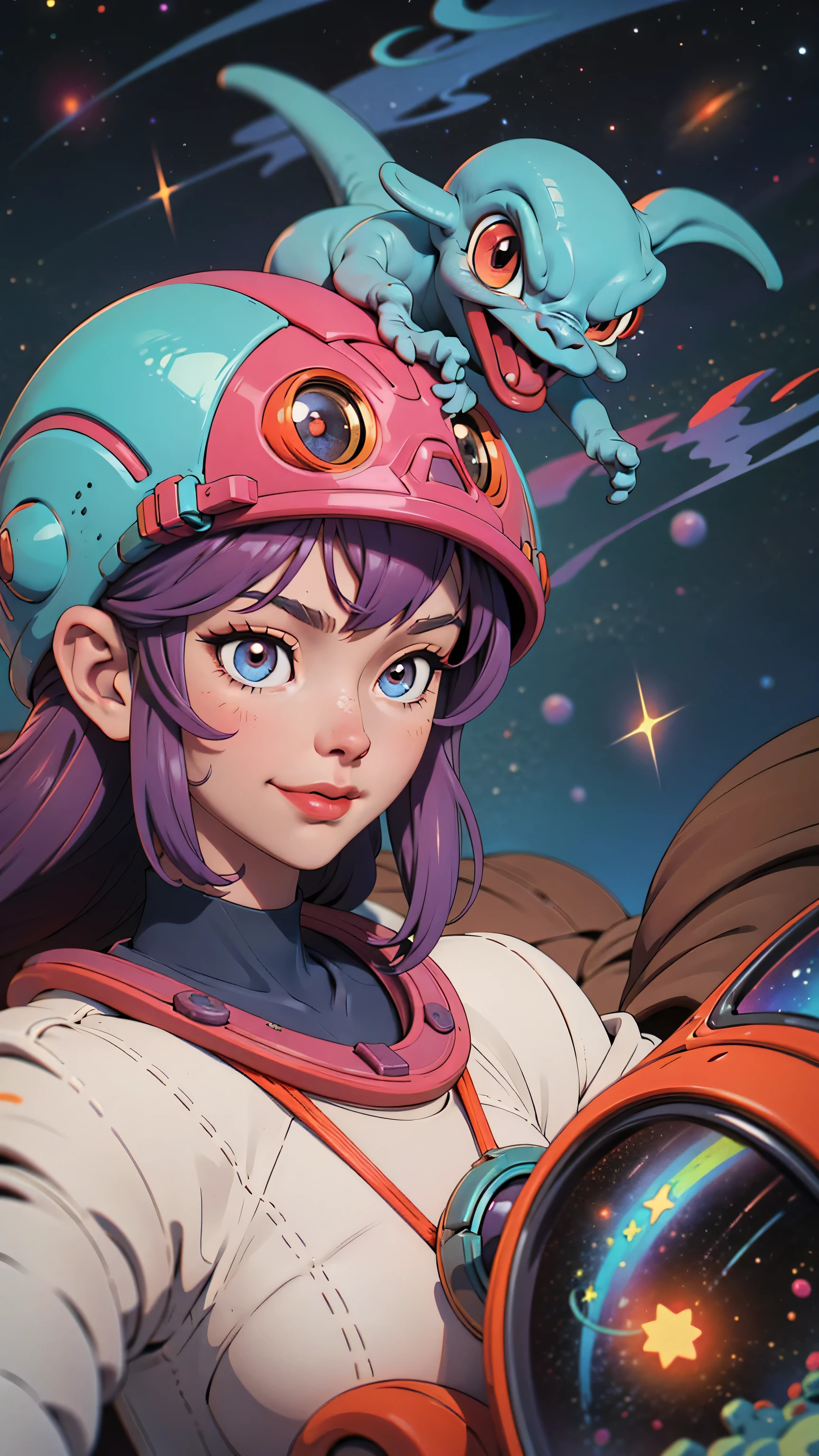 Cartoon-style image of a astronaut of Asian descent, wearing a large, futuristic helmet, playing with an alien pet in a colorful space setting full of stars, planets and nebulae in the background. The should be smiling and the alien should look friendly and fun with vibrant colors. The setting should convey a sense of adventure and discovery.