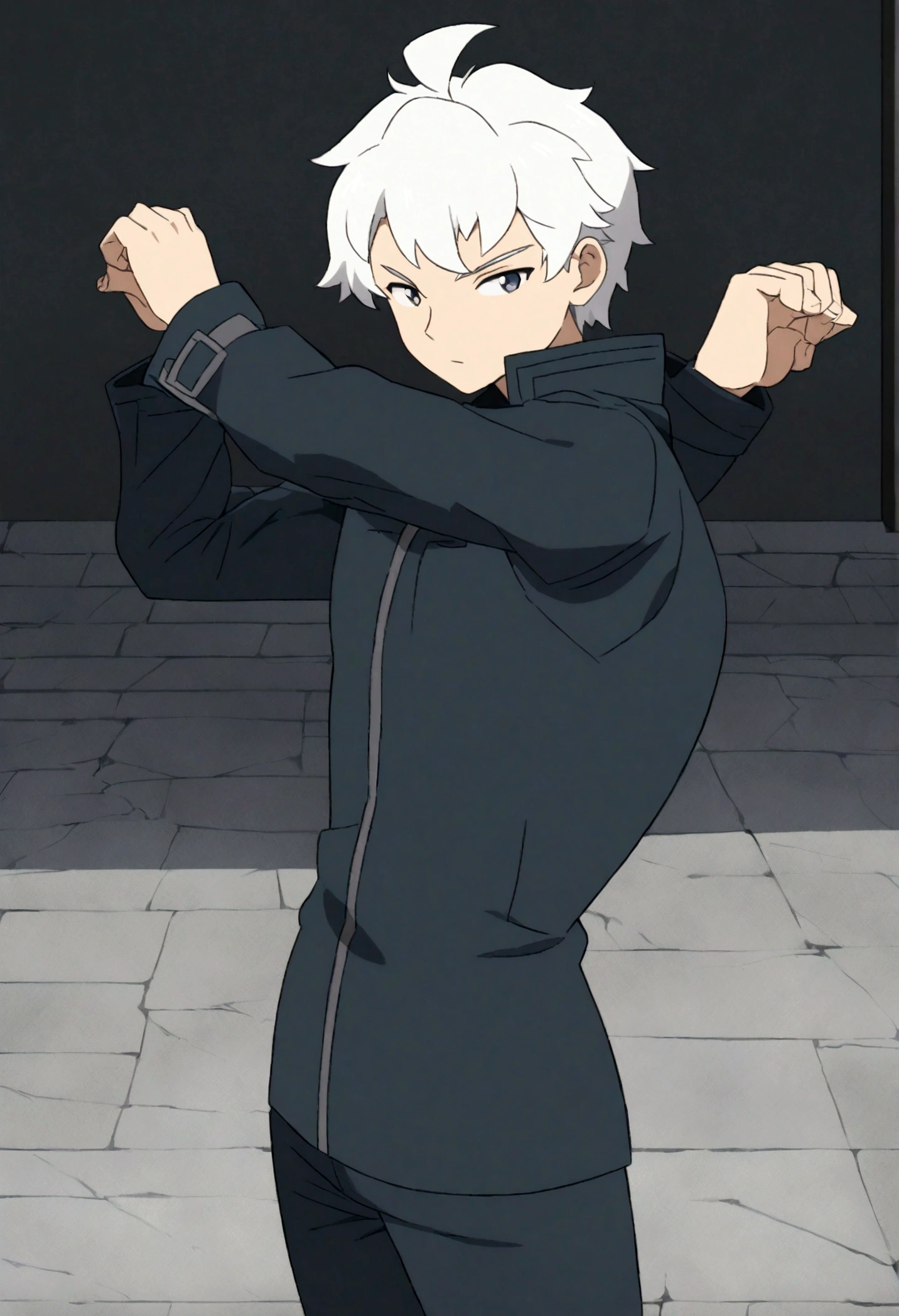 male, anime style, 2d, young, white hair, dark blue coat, dark grey pants, sword pose, cool pose, high definition