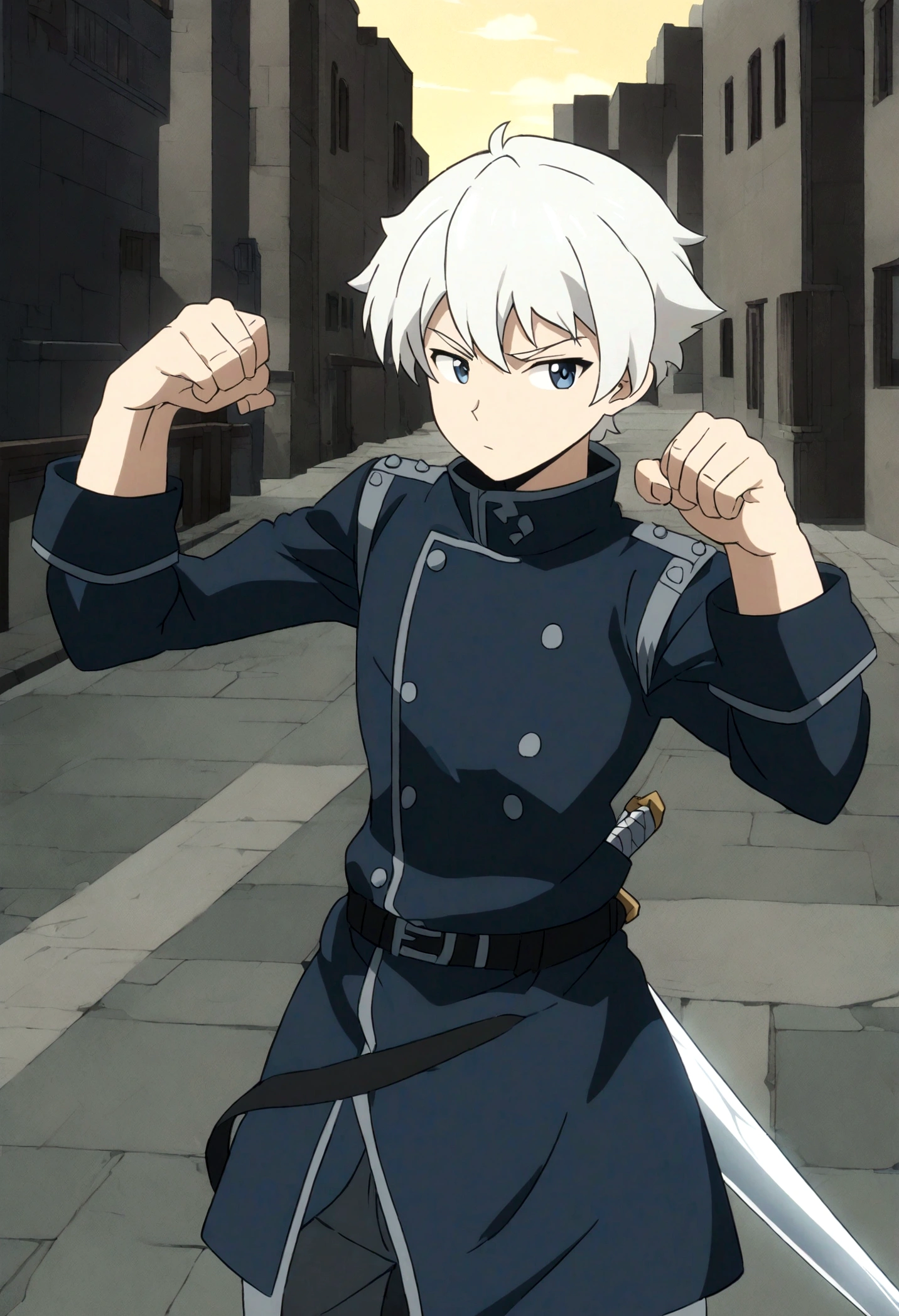 male, anime style, 2d, young, white hair, dark blue coat, dark grey pants, sword pose, cool pose, high definition