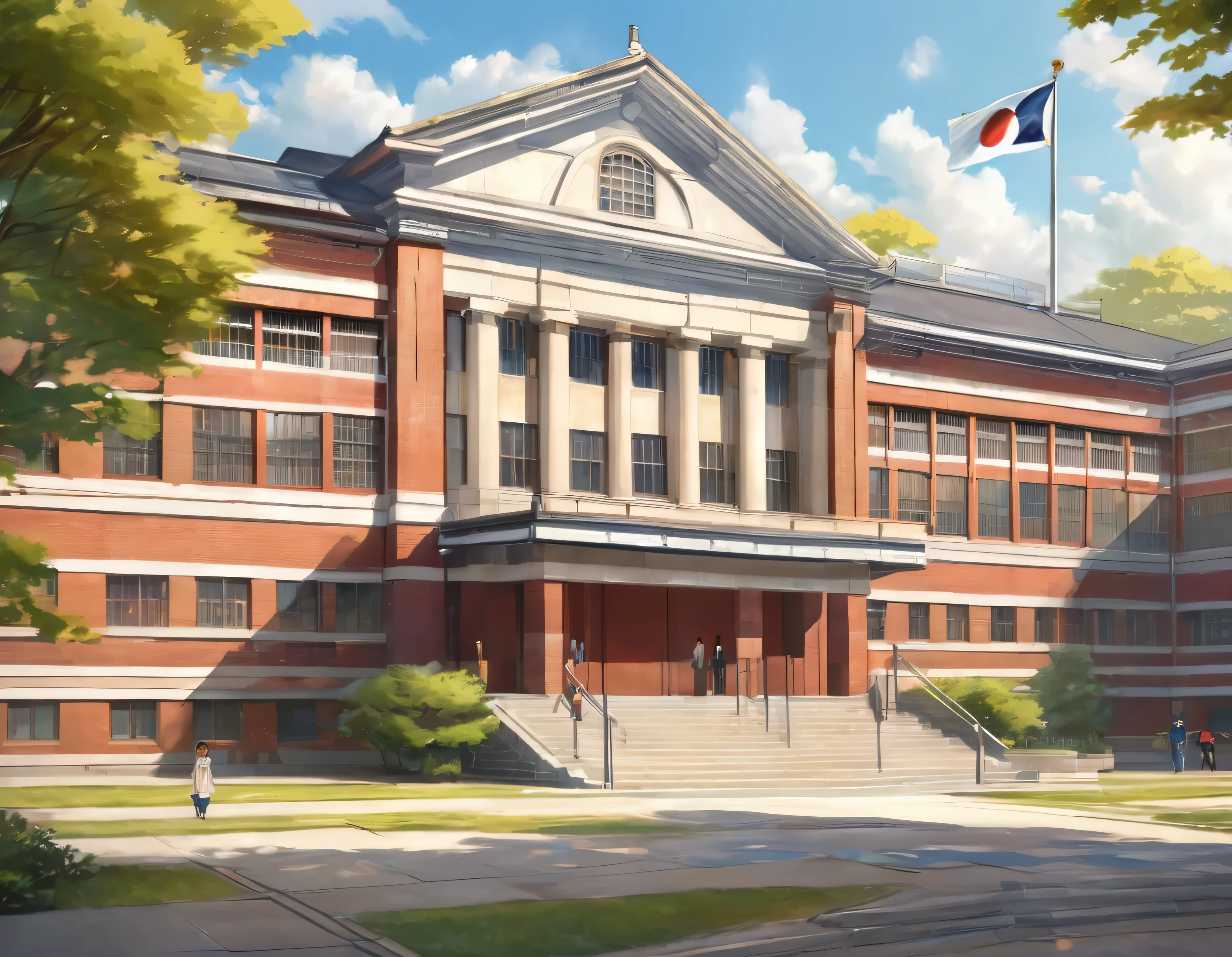 there is a painting of a building with a flag on the front, highschool background, high school, cg rendering, school courtyard, japanese high school, environmental shot, digital rendering, digitally painted, a digital rendering, rendering, wide establishing shot, intermediate art, promo image, fan art, detailed school background, realistic scene, establishing shot, architectural rendering, wide portrait