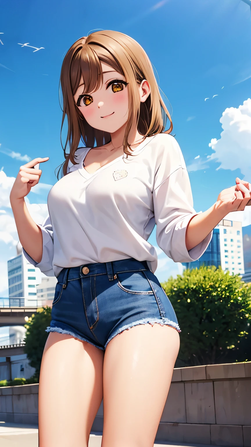 masterpiece, best quality, cowboy shot, kunikida hanamaru, medium breasts, looking at viewer, v-neck shirt, jeans, outside
