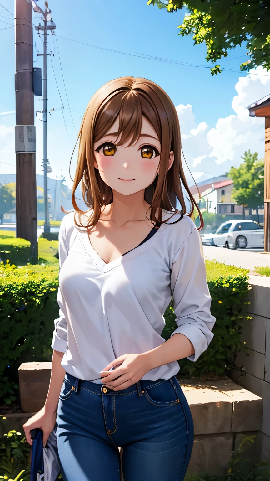 masterpiece, best quality, cowboy shot, kunikida hanamaru, medium breasts, looking at viewer, v-neck shirt, jeans, outside