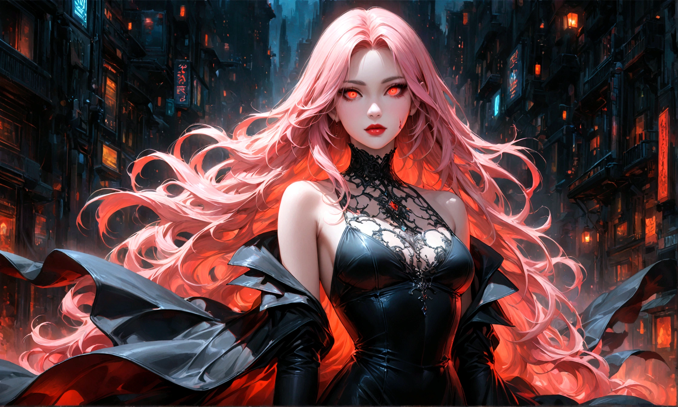 Arafed, dark fantasy art, glamour shot, award winning shot, photorealistic, a portrait of a female vampire drinking a glass of blood,, pink hair, long hair, red lips, glowing eyes, there is an imprint of white rose, dynamic color, she wears, an elegant (black dress: 1.5), blood dripping from lips, cyberpunk bar background, 16k, ultra detailed, masterpiece, best quality, (extremely detailed), Dark Art Painting Style