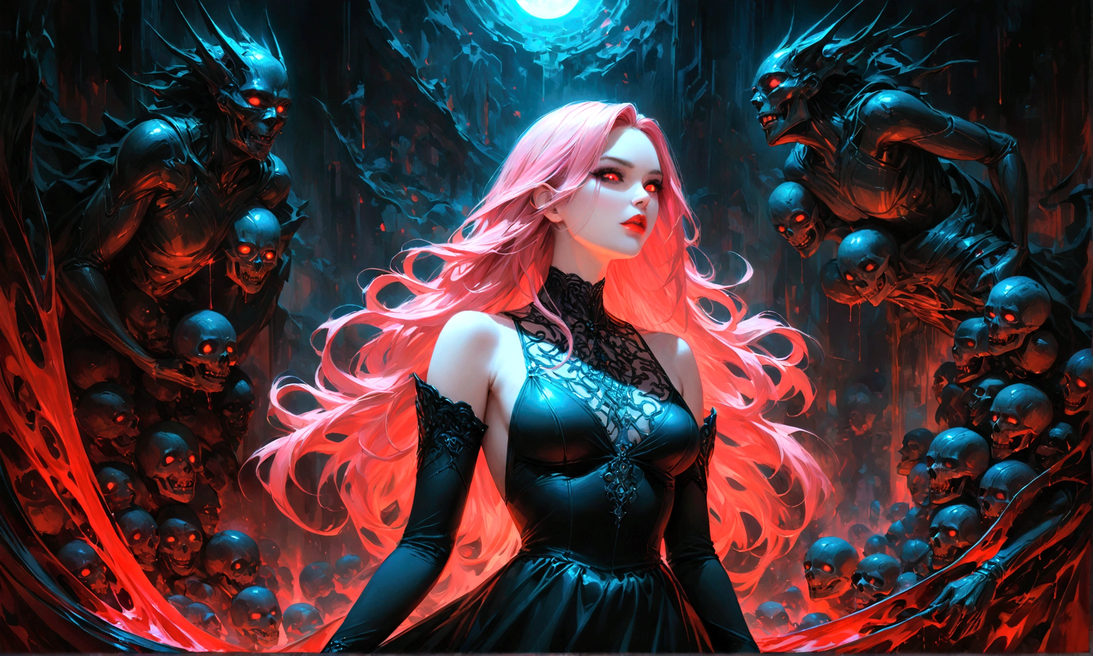 Arafed, dark fantasy art, glamour shot, award winning shot, photorealistic, a portrait of a female vampire drinking a glass of blood,, pink hair, long hair, red lips, glowing eyes, there is an imprint of white rose, dynamic color, she wears, an elegant (black dress: 1.5), blood dripping from lips, cyberpunk bar background, 16k, ultra detailed, masterpiece, best quality, (extremely detailed), Dark Art Painting Style