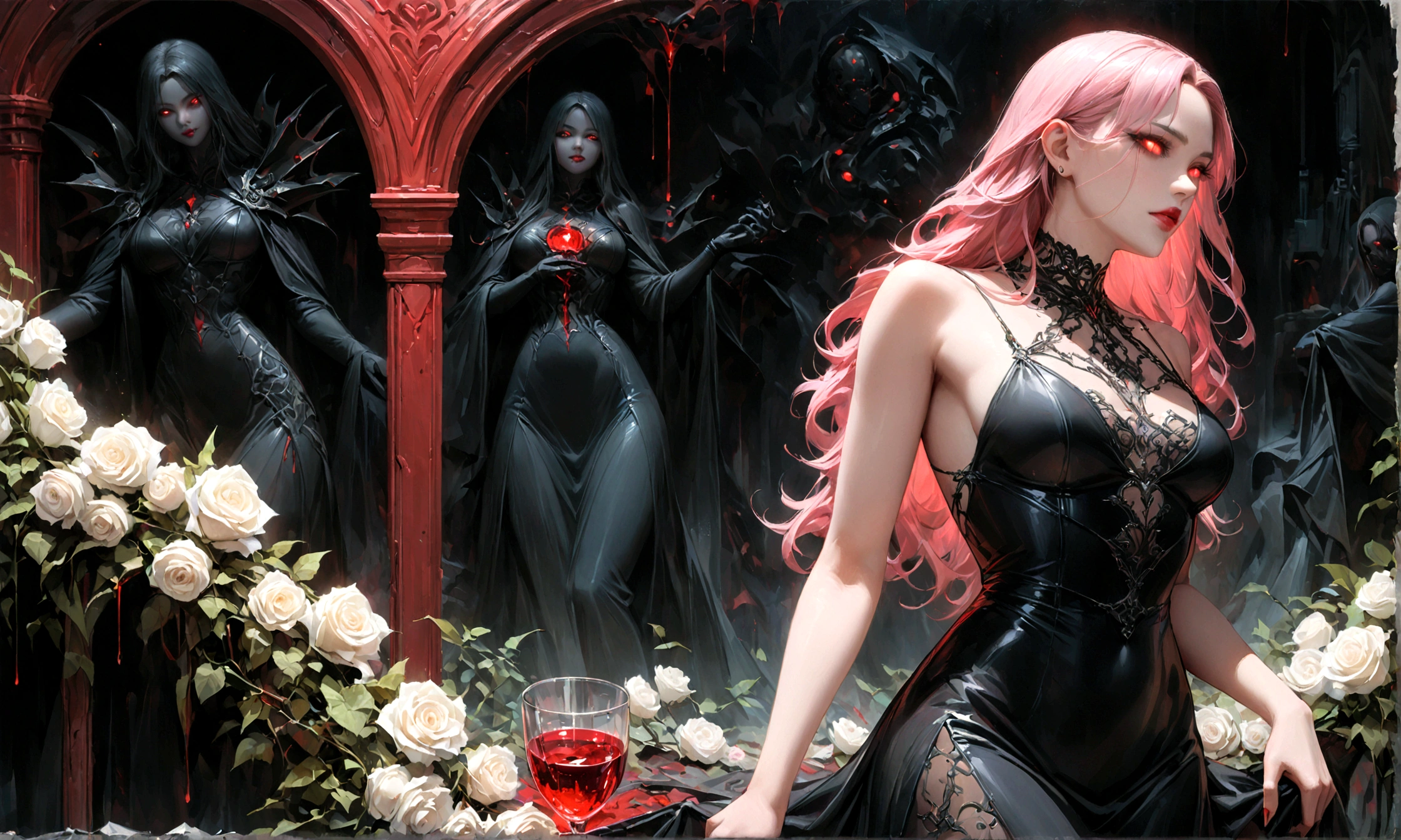 Arafed, dark fantasy art, glamour shot, award winning shot, photorealistic, a portrait of a female vampire drinking a glass of blood,, pink hair, long hair, red lips, glowing eyes, there is an imprint of white rose, dynamic color, she wears, an elegant (black dress: 1.5), blood dripping from lips, cyberpunk bar background, 16k, ultra detailed, masterpiece, best quality, (extremely detailed), Dark Art Painting Style