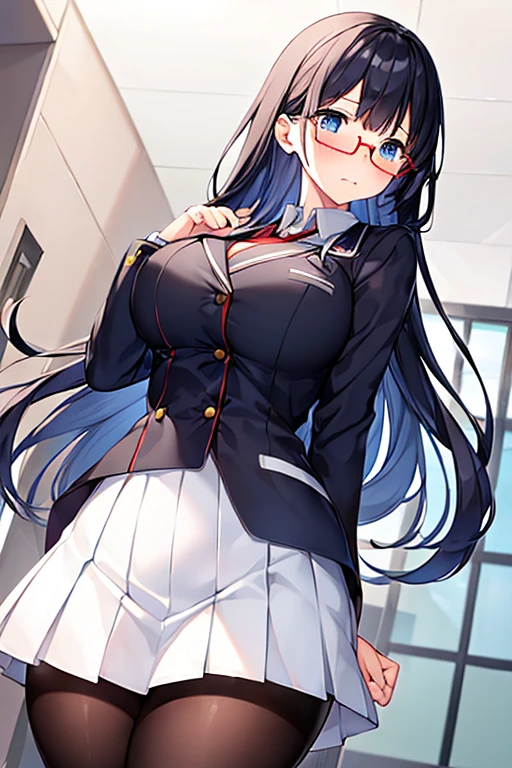 1girl, ((school uniform)),  female, tall female, dark blue hair, black hair, long hair, wavy mouth, blue eyes, shy, timid, huge breastk thighs, pantyhose, arhind back, white skirt, skirt, red necktie, necktie, black jacket, jacket, pleated skirt, red glasses, glasses, ((black jacket)), ((white skirt)), ((red glasses))