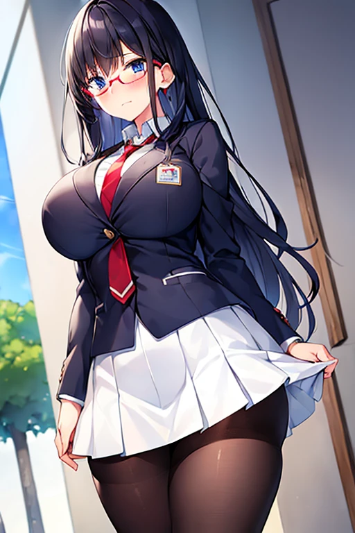 1girl, ((school uniform)), mature female, tall female, dark blue hair, black hair, long hair, wavy mouth, blue eyes, shy, timid, huge breasts, thick thighs, pantyhose, arms behind back, white skirt, skirt, red necktie, necktie, black jacket, jacket, pleated skirt, red glasses, glasses, ((black jacket)), ((white skirt)), ((red glasses))
