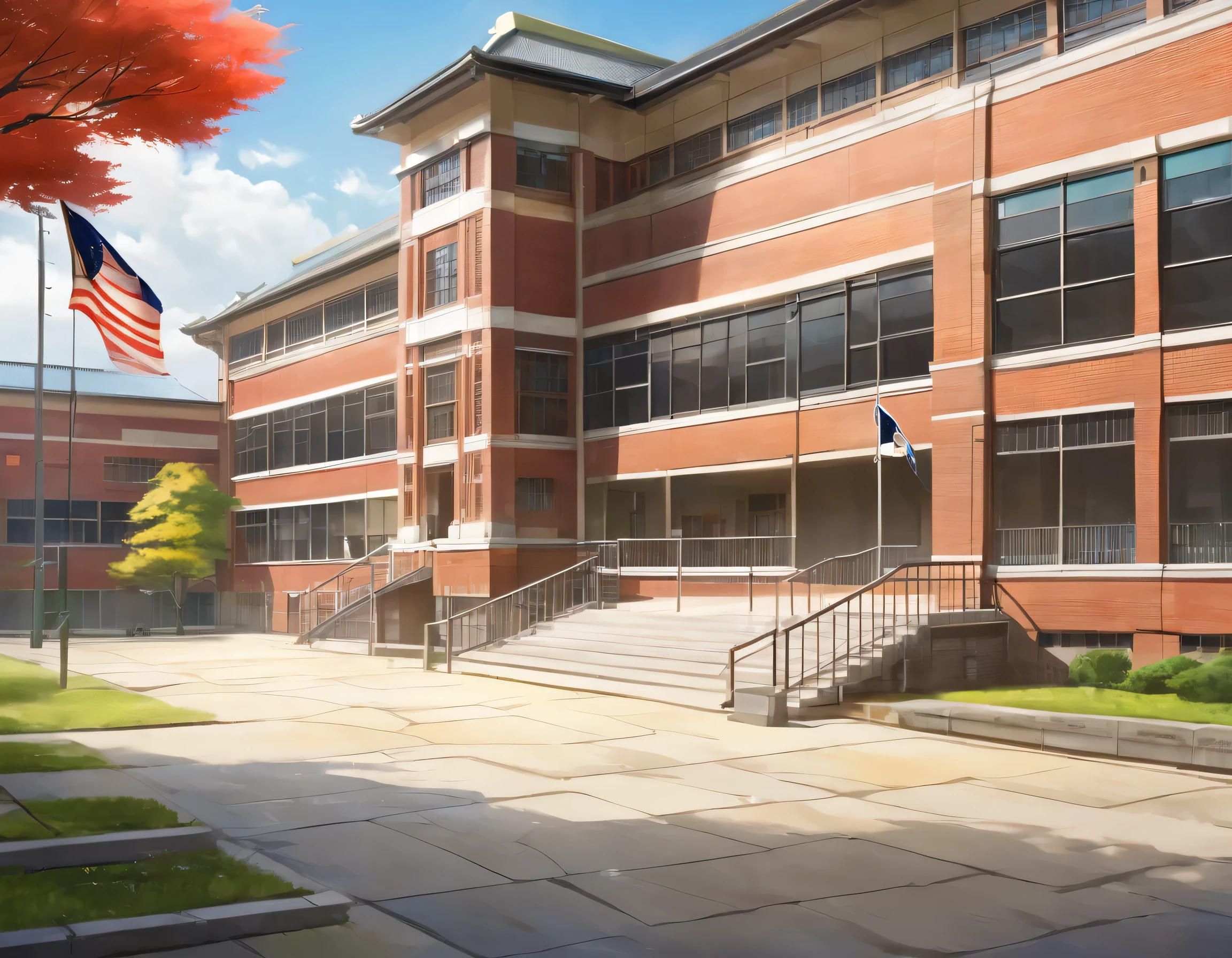 there is a painting of a building with a flag on the front, highschool background, high school, cg rendering, school courtyard, japanese high school, environmental shot, digital rendering, digitally painted, a digital rendering, rendering, wide establishing shot, intermediate art, promo image, fan art, detailed school background, realistic scene, establishing shot, architectural rendering, wide portrait