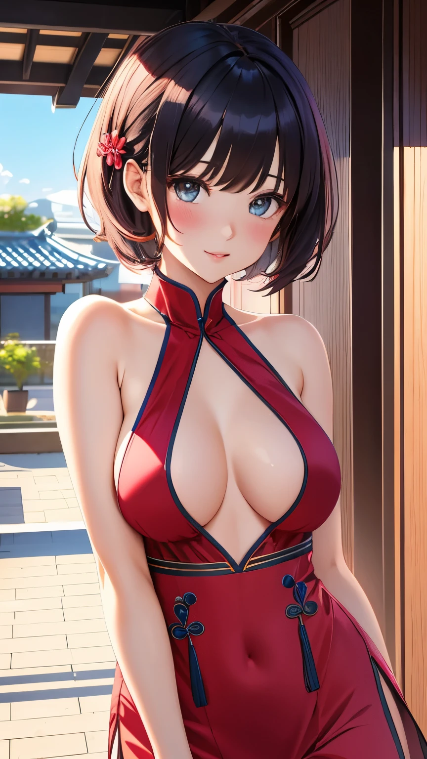 best quality, 1girl, masterpiece ultra detailed, illustration, yang guifei, glossy lips, blush, short hair, light smile, halter-top dress