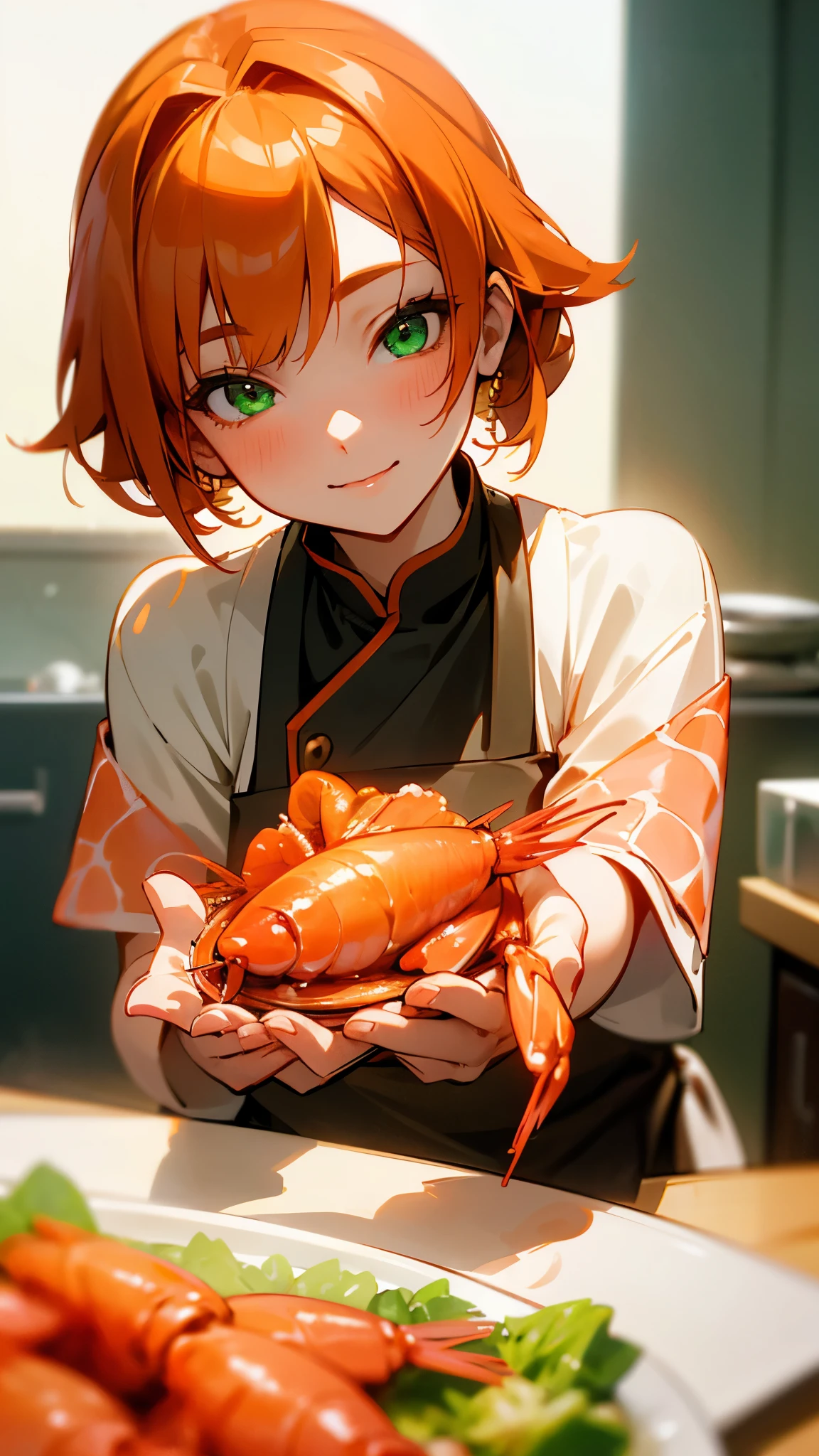 1 girl、8k、Sharp focus、(Bokeh) (highest quality) (Detailed skin:1.3) (Intricate details) (anime)、Orange Hair、Green Eyes、smile、Cooking in the kitchen、Cooking shrimp on a plate、Professional Lighting、Upper body close-up