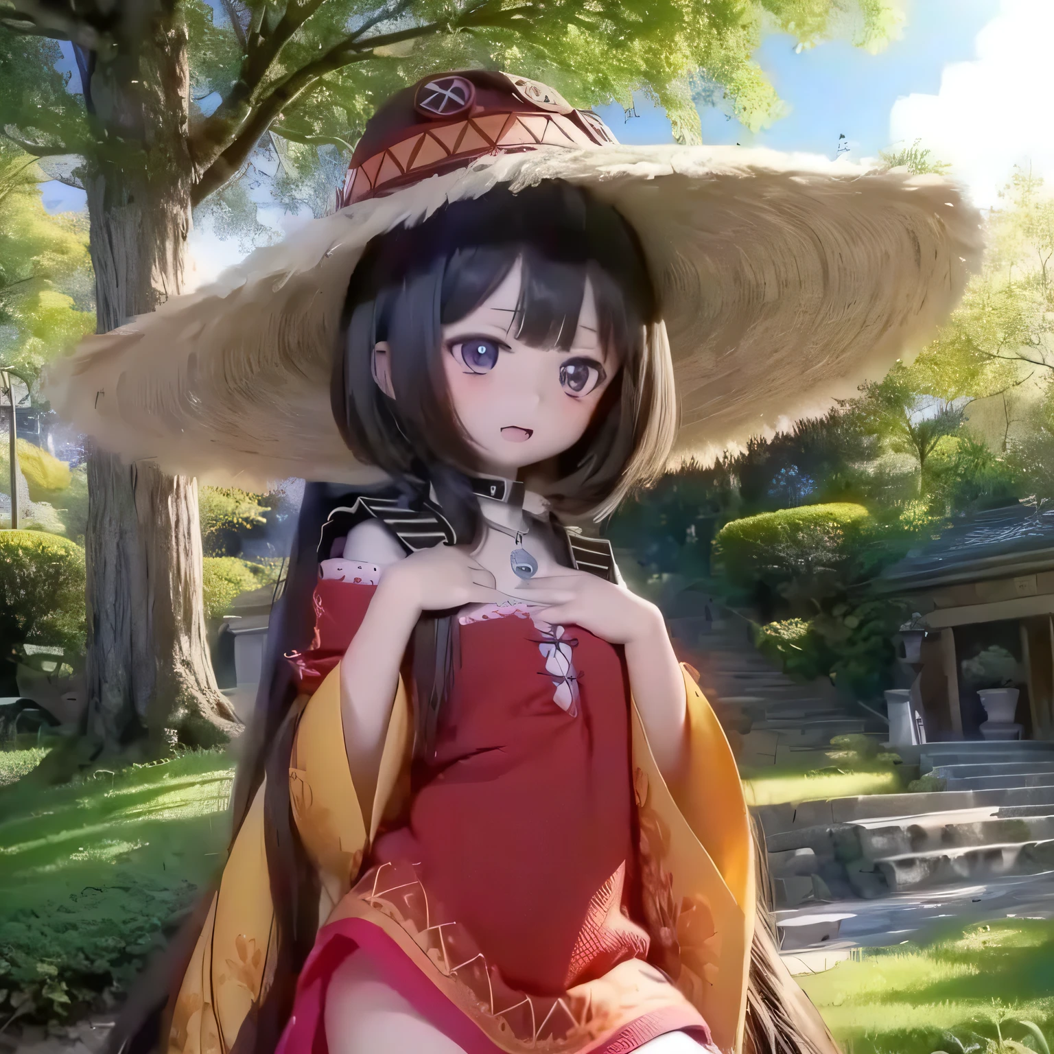 Chibi contrapposto pose girl wearing big hat, Flat Chest, And then Megumin appears. -> Eyes Beautifully detailed eyes,nose,LipsBeautiful detailed lips,subject&#39;s cute smile,Chibi Contrap Place,Megumin character variations,A person wearing a large hat or bonnet,Flat Chested,Bust Detail Naked Camel Toe Medium: Photorealistic portraits, ->Material Photorealistic Portrait Additional Details: She is surrounded by a vibrant garden, ->花园a blooming flower garden with various vibrant colors,green々Fresh green grass,Sunlight filtering through the finely knotted trees,Morning atmosphere,A few bees flying around,Image quality with birds singing in the distance: (highest quality,4K,8k,High resolution,masterpiece:1.2),Super detailed, ->Image quality: High resolution(Multiple options)
Art Style: anime, ->Art Style anime-style Color Palette: (Vibrant colors), ->Vibrant color palette lighting: Soft sunlight casts a warm glow on the scene, ->Light, soft and warm sunlight,Soft sunlight