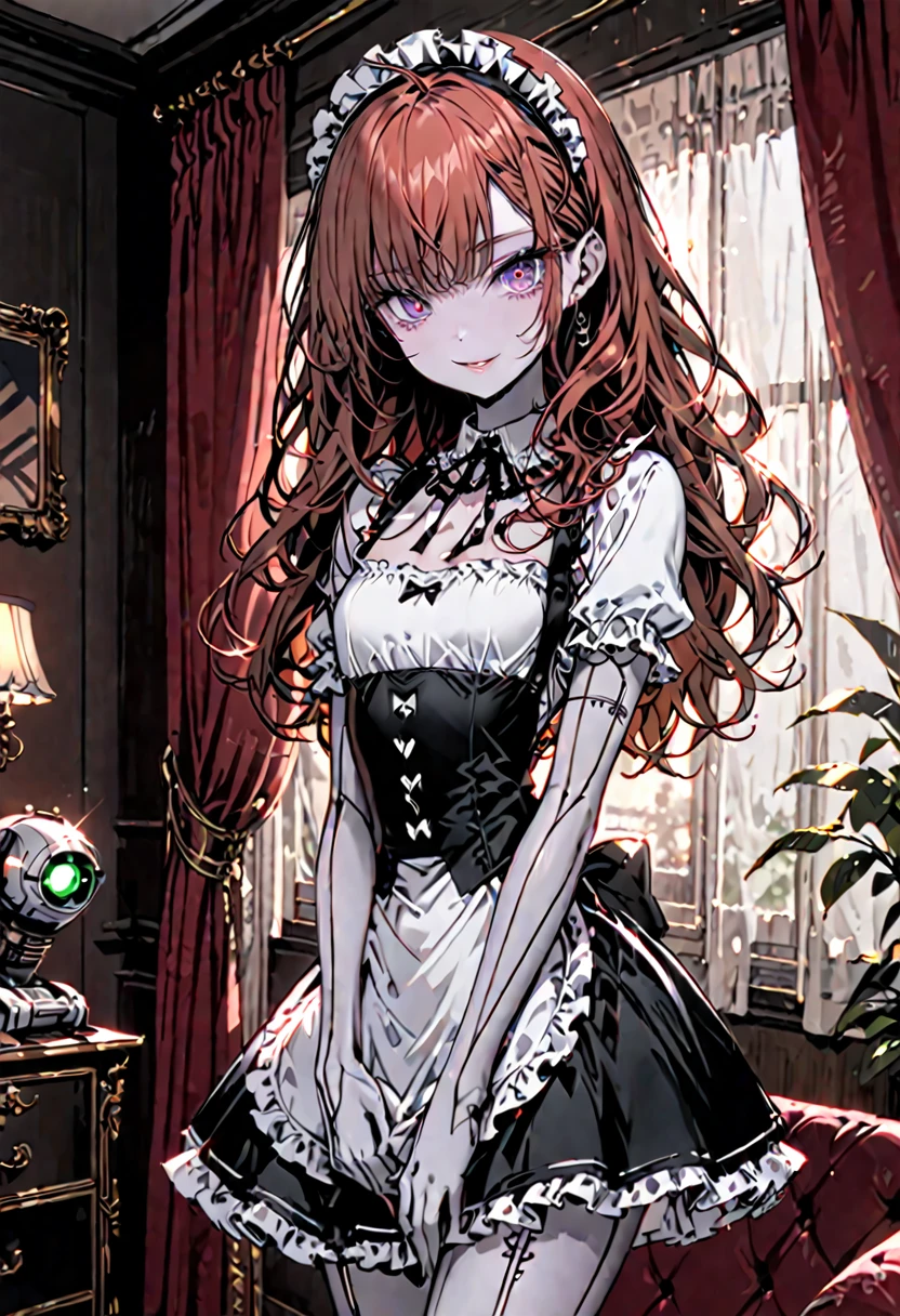 ((solo)), female, medium shot, sfw, flat chest, white skin, long hair, auburn hair, curly hair, bangs framing face, personal assistant, beaming smile, ((robot seams on skin)), bar code on skin, indoors, cozy, frilly french maid uniform, frilly skirt, short sleeves, frilly sleeves, tiny narrow waist, luxurious, black clothes, living room, curtains, seductive, frilly