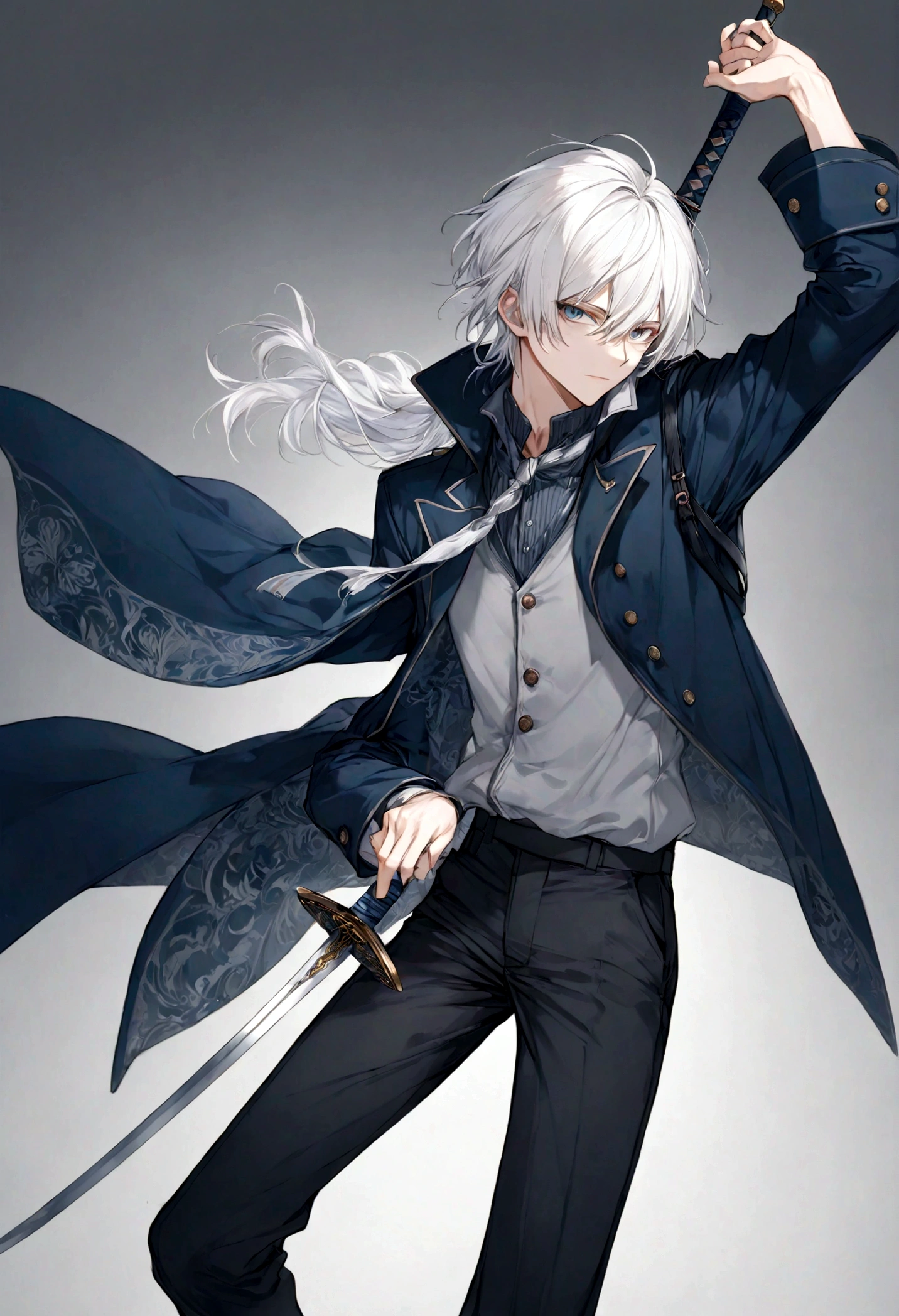 male, anime style, 2d, young, white hair, dark blue coat, dark grey pants, sword pose, high definition