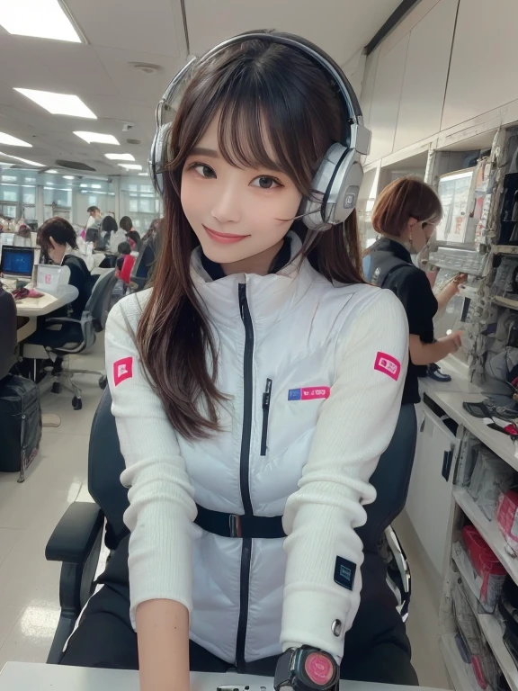 masterpiece, highest quality, Very detailed, 8K Portrait,Japanese Android Girl,plump , Control panel,Robotic arms and legs, Blunt bangs,,break (Metallic Gray, Metallic luster, Mirror finish, Astro Best):5,headphone:5,break (Black sleeves):100,Smart Watches,Futuristic space station,Control Room,break headphone,blue eyes,(Black Hair):2,(Long Hair):1.3,View the viewer,(respirator),break blush:3,Hidden Hand,smile